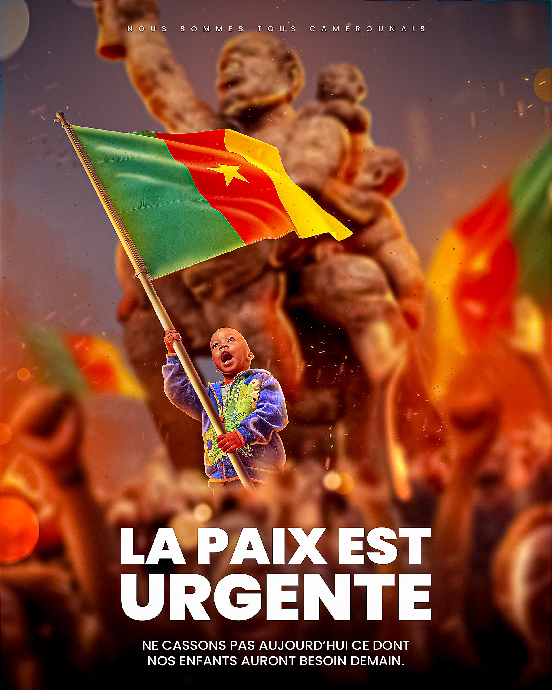 Après la proclamation des résultats des élections présidentielles au Cameroun, nous avons assisté à plusieurs manifestions dans la plupart des grandes villes du pays, manifestions qui se sont terminées en bain de sang, vandalismes... Ce visuel a eu pour but de calmer les tensions.