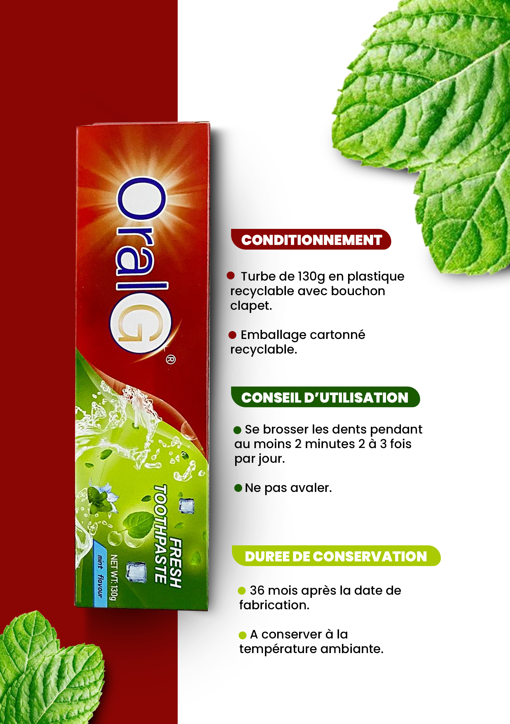 Visuel for ORAL G, marque de dentifrice camerounaise.