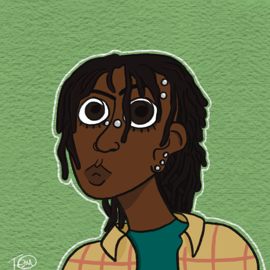 A drawing of Toni wearing a blue shirt and a flannel looking at the camera.