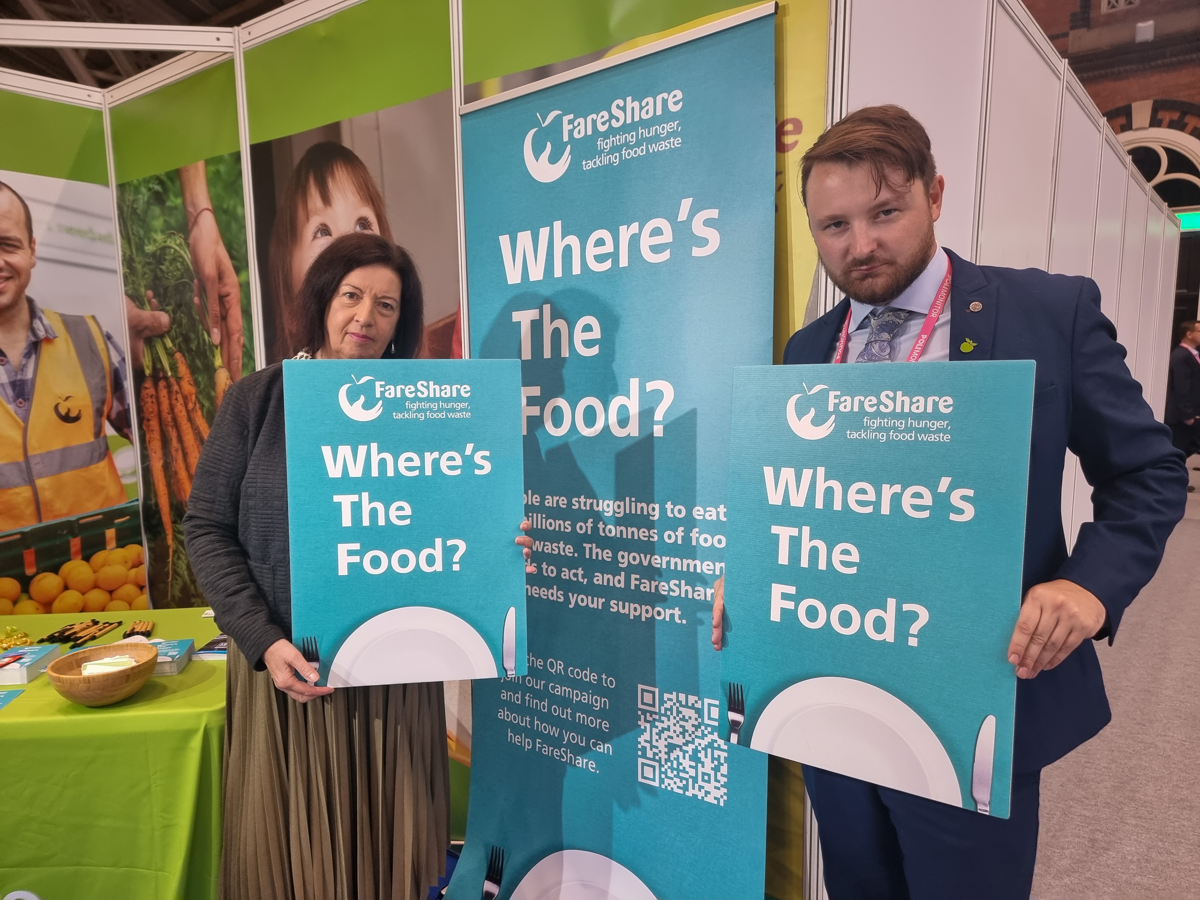 Conservative MP Jo Gideon and FareShare's Ali Gourley at FareShare's stand - Conservative Conference 2023 