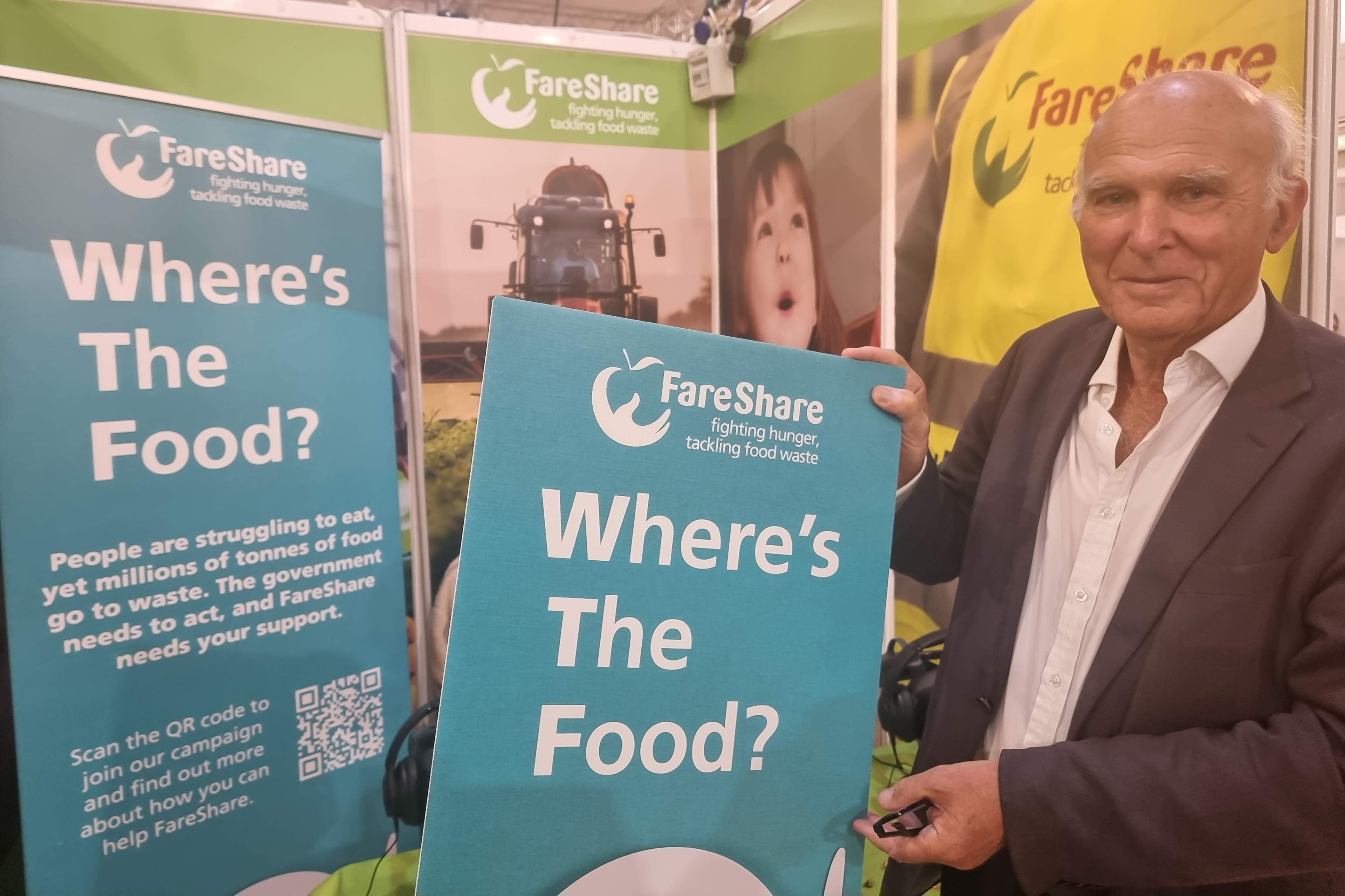 Former Secretary of State for Business and Trade and Lib Dem Leader Vince Cable at FareShare's stand - Lib Dem Conference 2023 