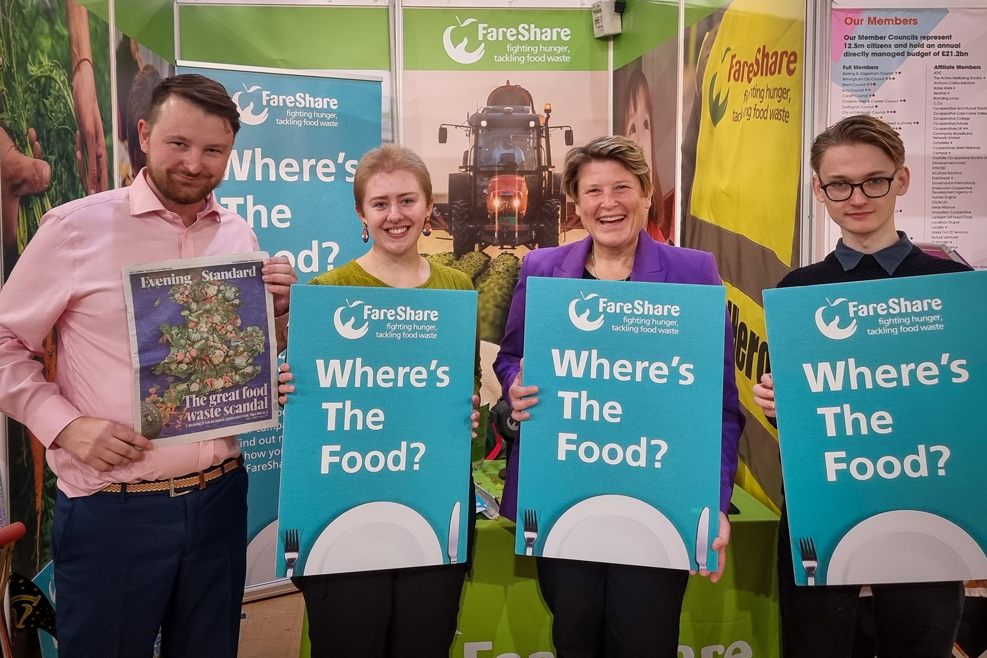 FareShare's Ali Gourley, Anabel Voysey, Chris Irving and Lib Dem MP Sarah Dyke at FareShare's stand - Lib Dem Conference 2023  