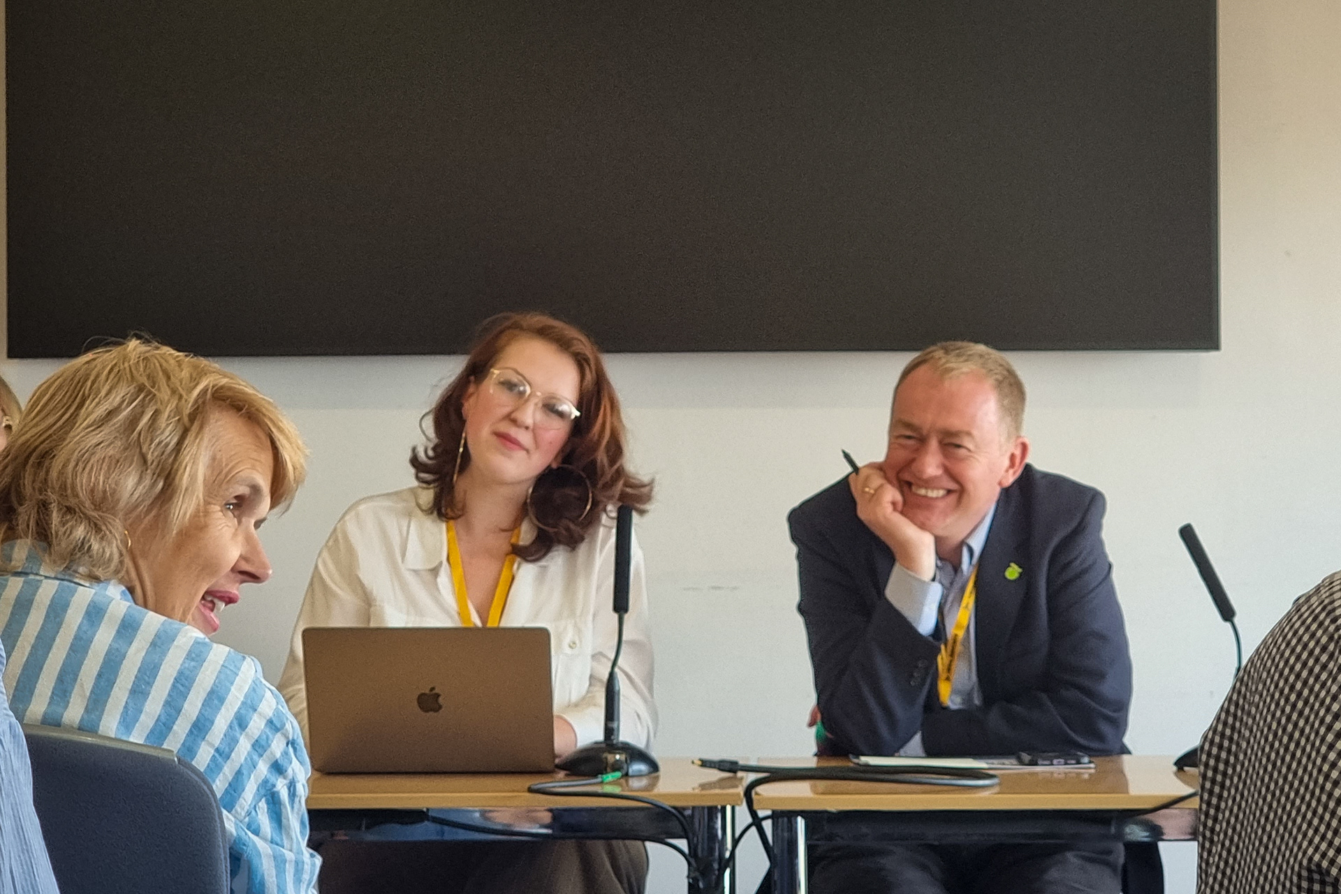Tm Farron MP wearing a FareShare apple pin - Lib Dem Conference 2023