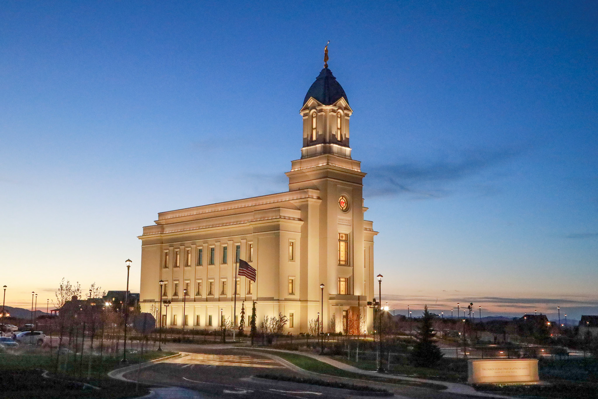 Beautiful white architecture with the sunset in the background. Cedar City Utah.