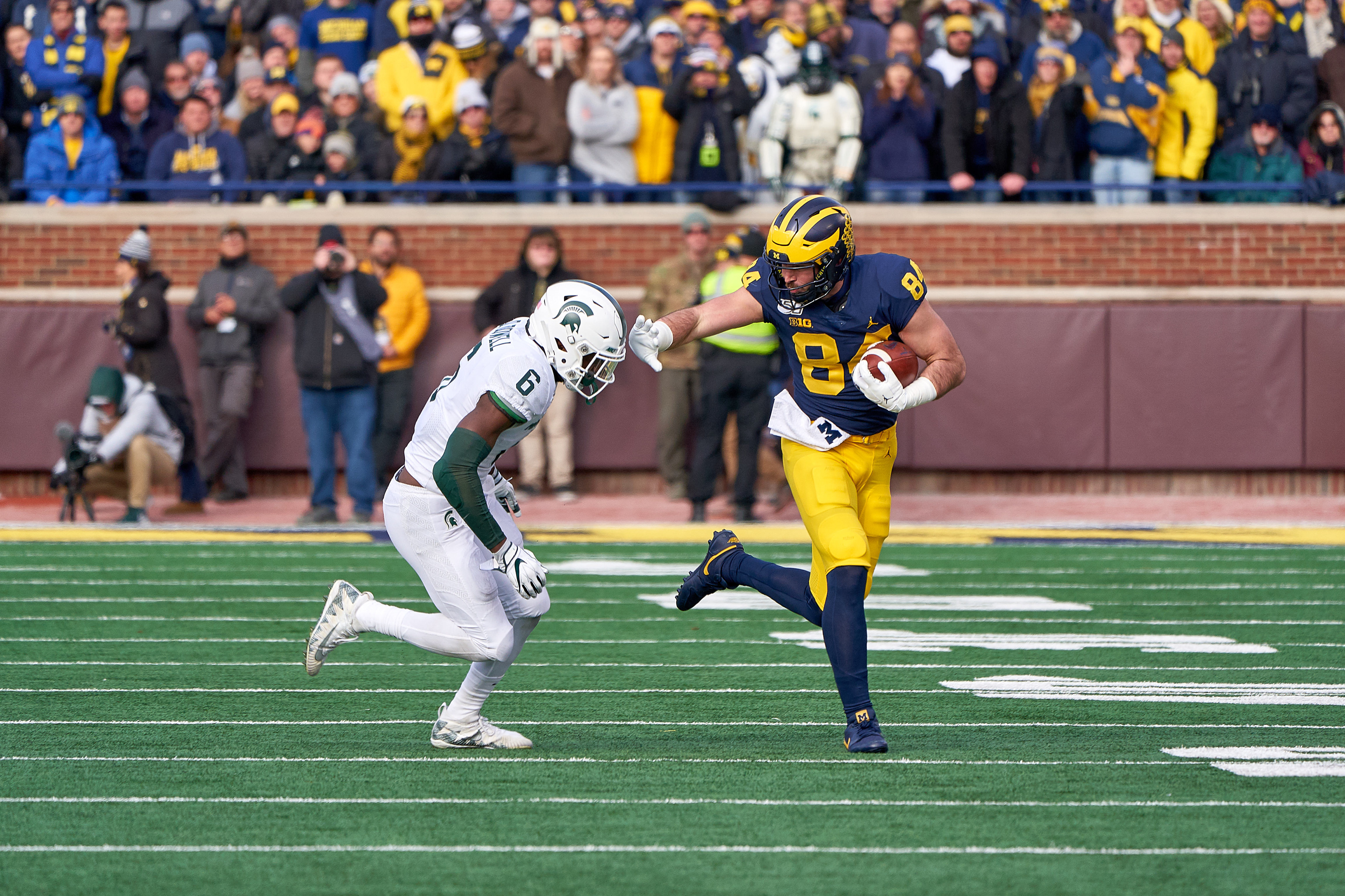 Sean McKeon #84 blocks David Dowell #6; MSU at UM 2019
