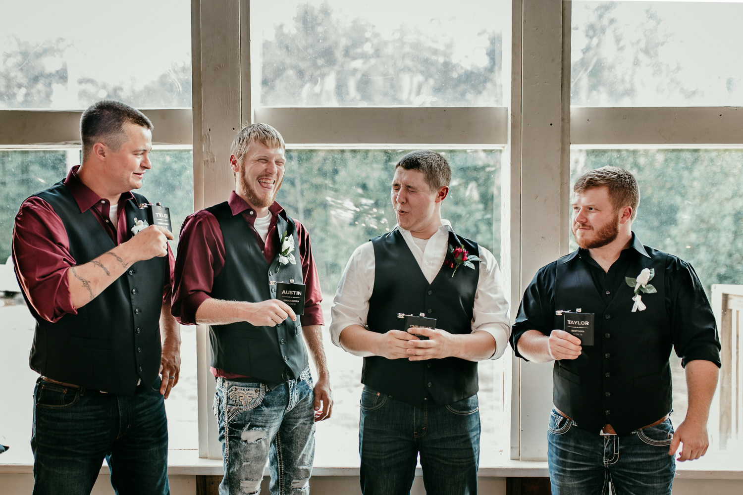 The guys had to do a last minute toast before the wedding in their customized flasks.