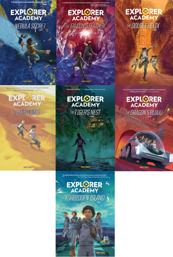 9.9★ (average)	“Explorer academy” is an extremely exciting series!! I’m not over exaggerating, but this is such a good series! It has several twists, and also contains some real life facts. It also brings in some not-so-into-the-future-sci-fi , like lumagine, a material that changes into any colour, as long as you think about it. The series has seven books, and I’m dying for an eight. Recommended for 9+ !	27/09/2023