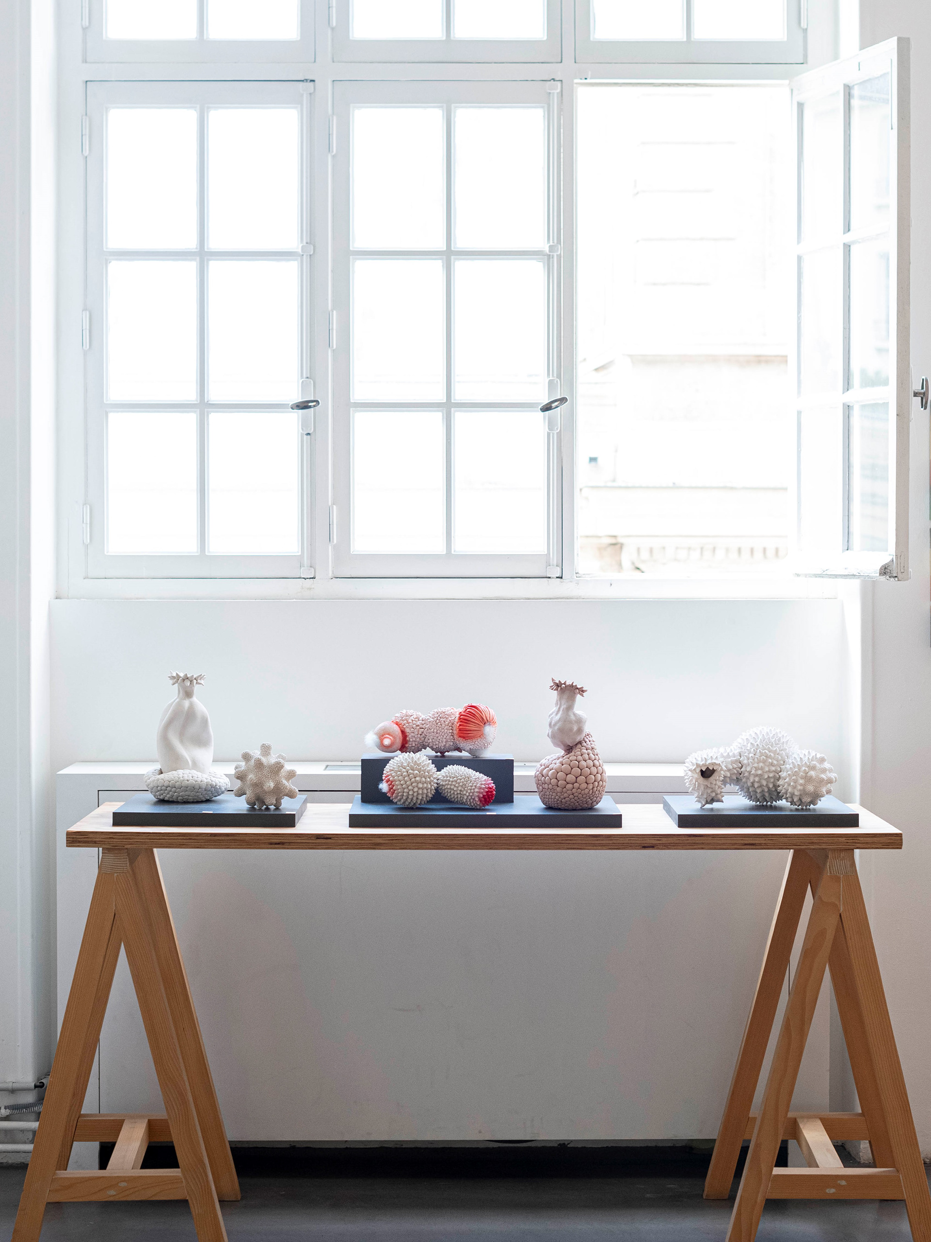 De gauche à droite : Sculpture "Vase organique" blanc 220€ / Sculpture "K" 110€ / Sculpture "Organe I" 350€ / Sculptire "Organe II" 600€ / Sculpture "Vase organique" rose 270€ / Sculpture "Créature" 750€
