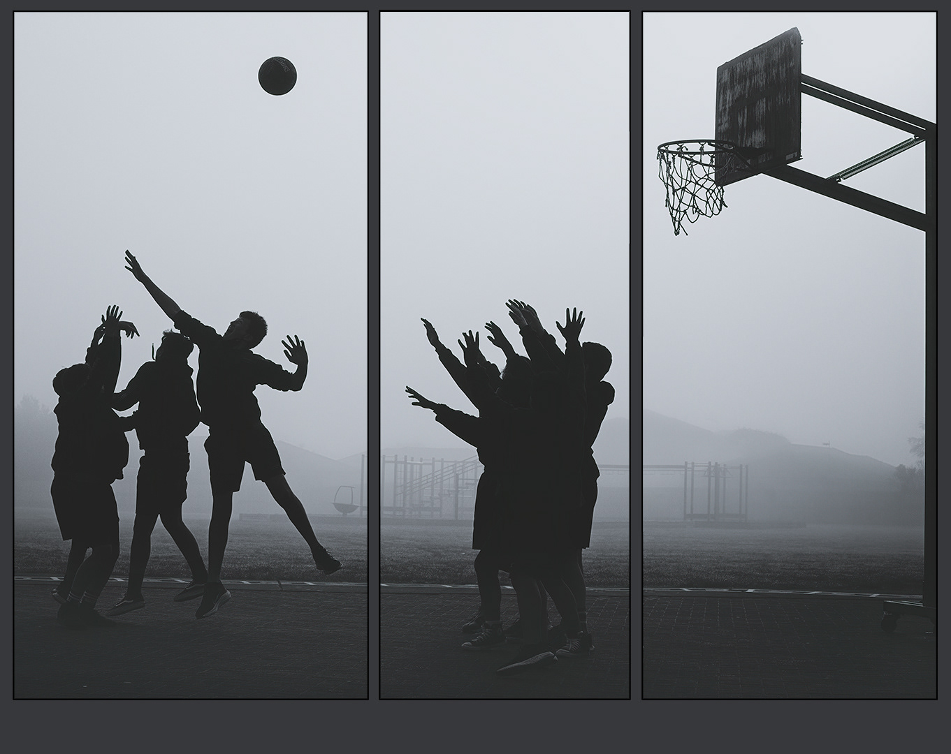 Shooting Hoops on a Foggy Morn - Highly Commended Nelson National Triptych 2022, Honours, Monochrome. Dunedin Festival of Photography 2023 Acceptance Monochrome North Shore Salon of Photography 2023