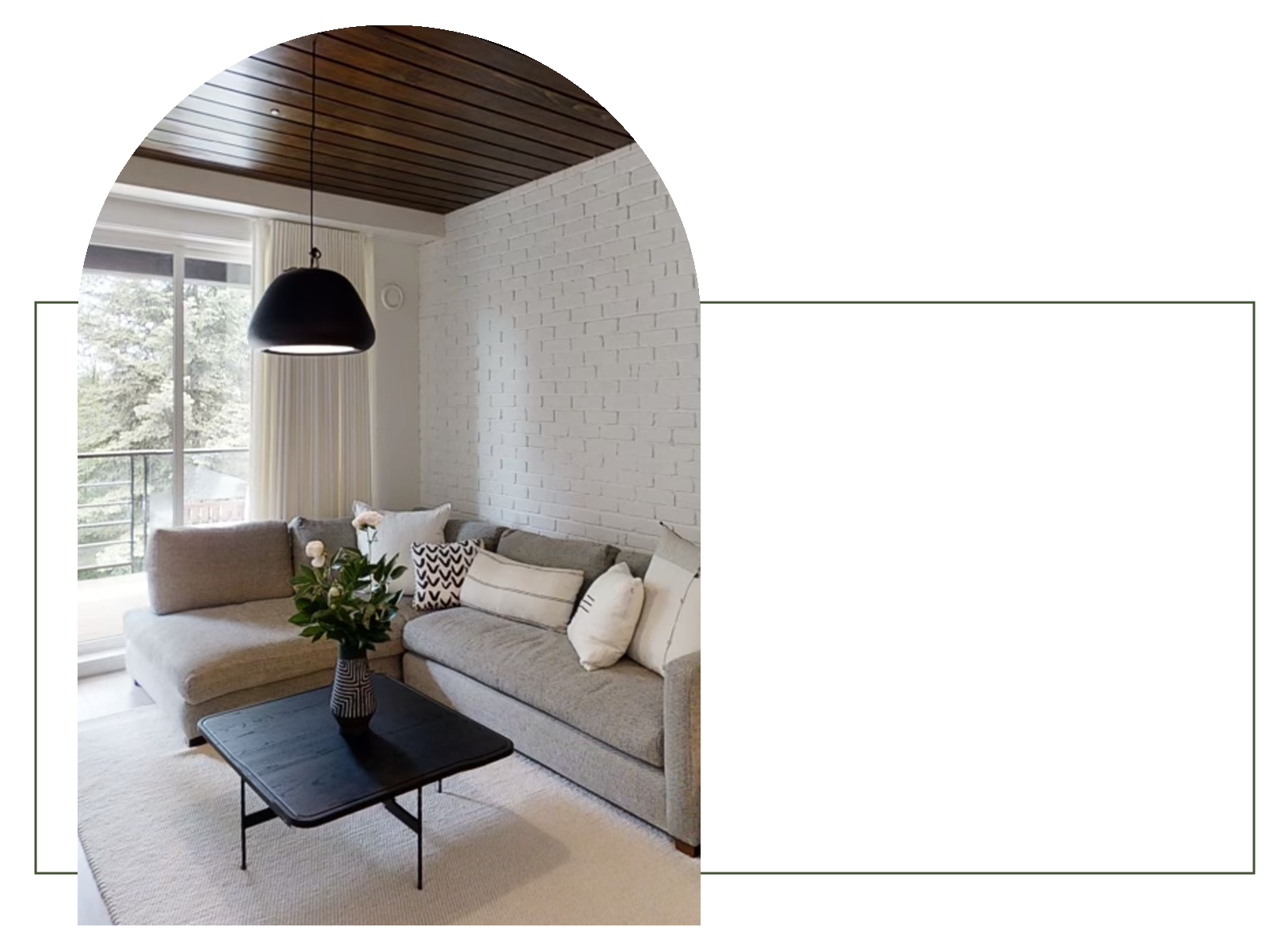 Living room with white brick wall, slat ceiling, with bright natural light from the patio window