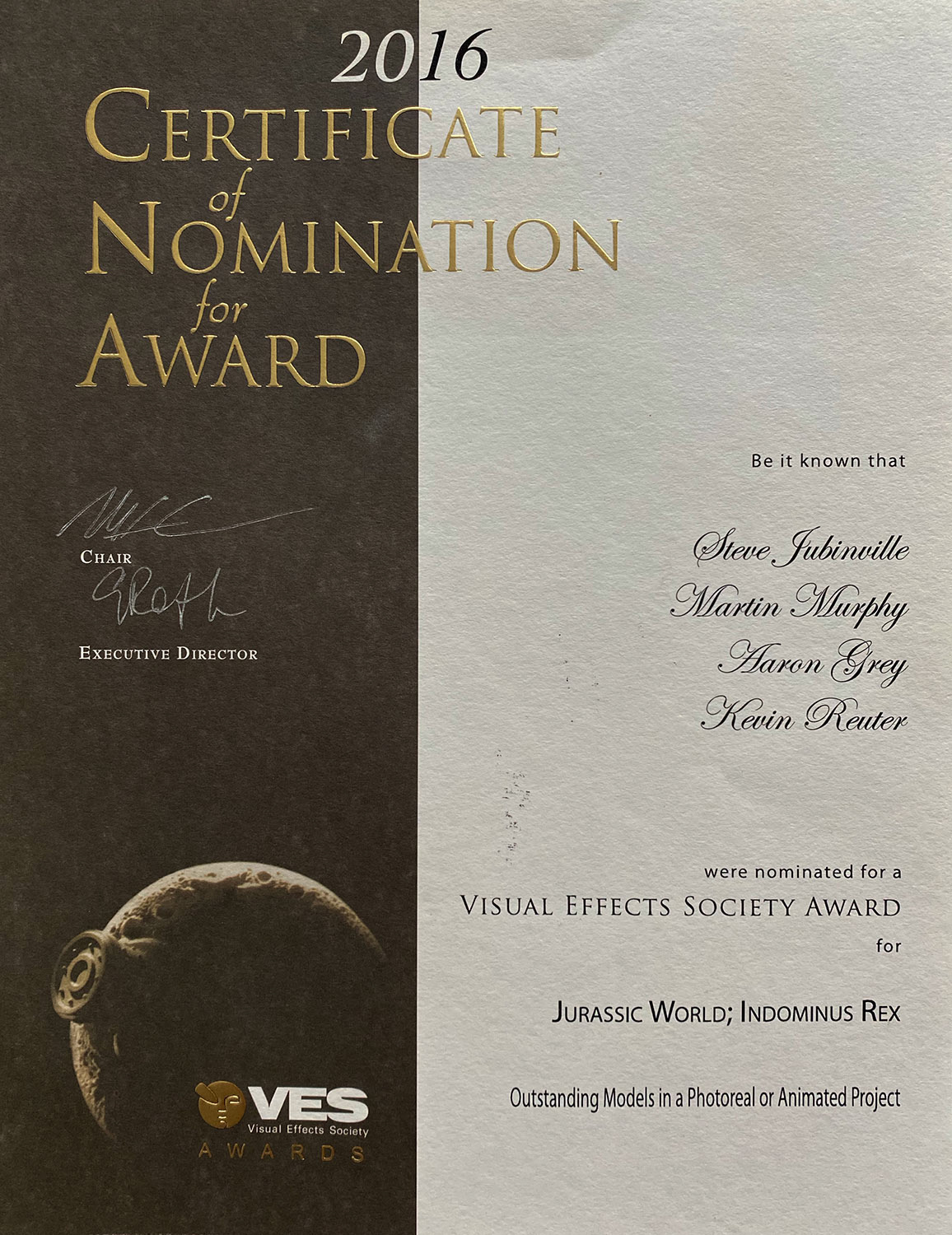 2016 VES Nomination for Jurassic World