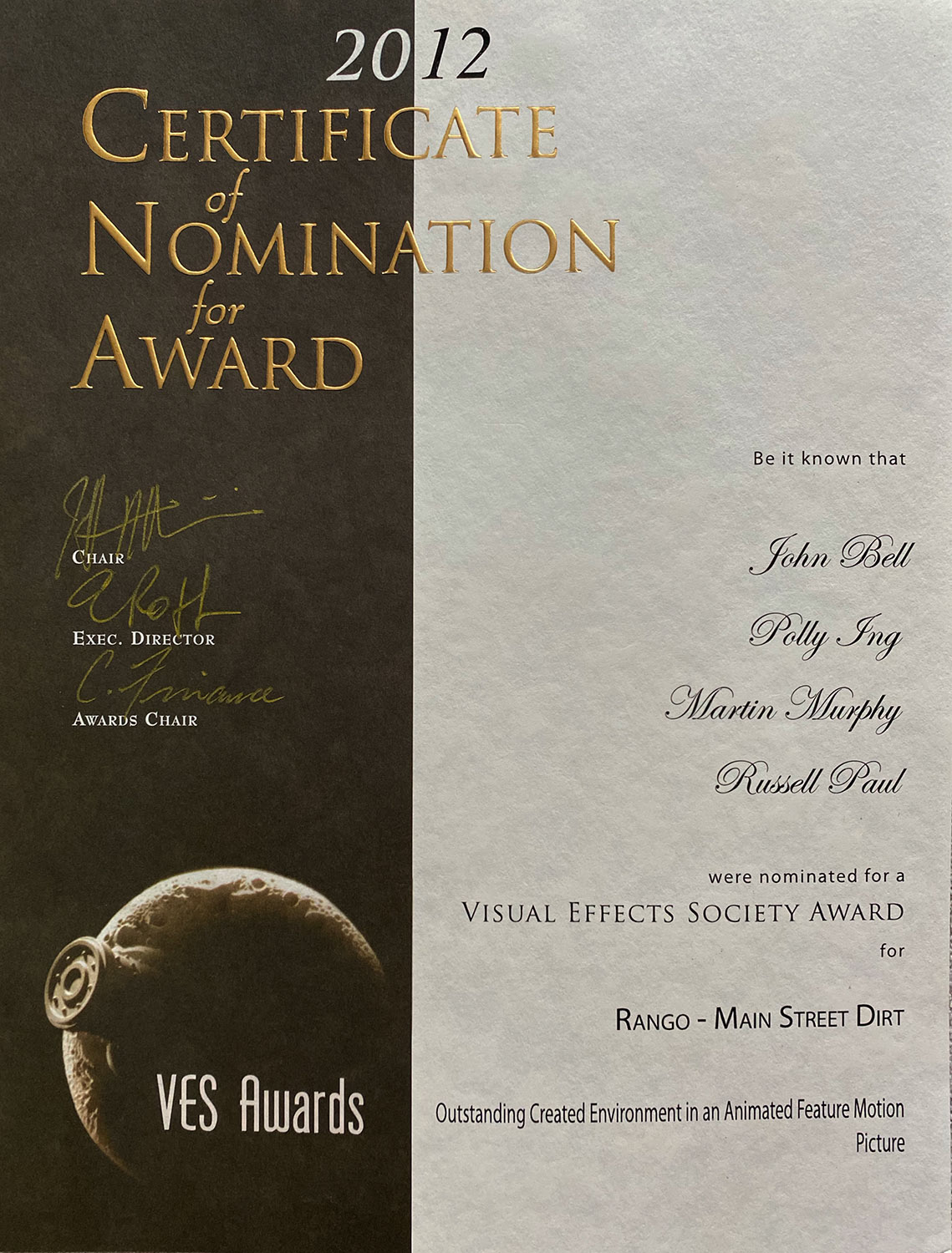 2012 VES Nomination for Rango