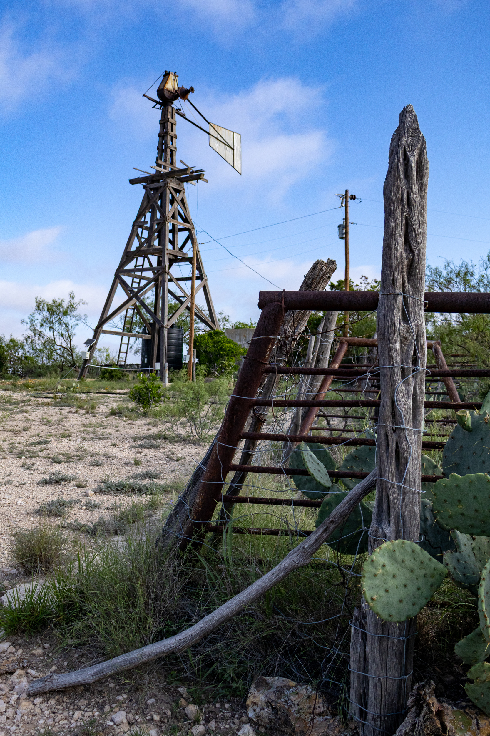 A bladeless windmill stands under the morning sky a few miles away from Independence Creek and Chandler Ranch in Terrell County, Texas.