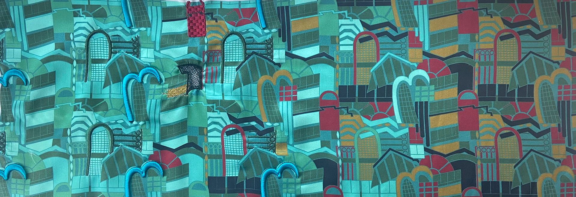 Digital Repeat Print onto Silk Satin with added Digital Embroidery