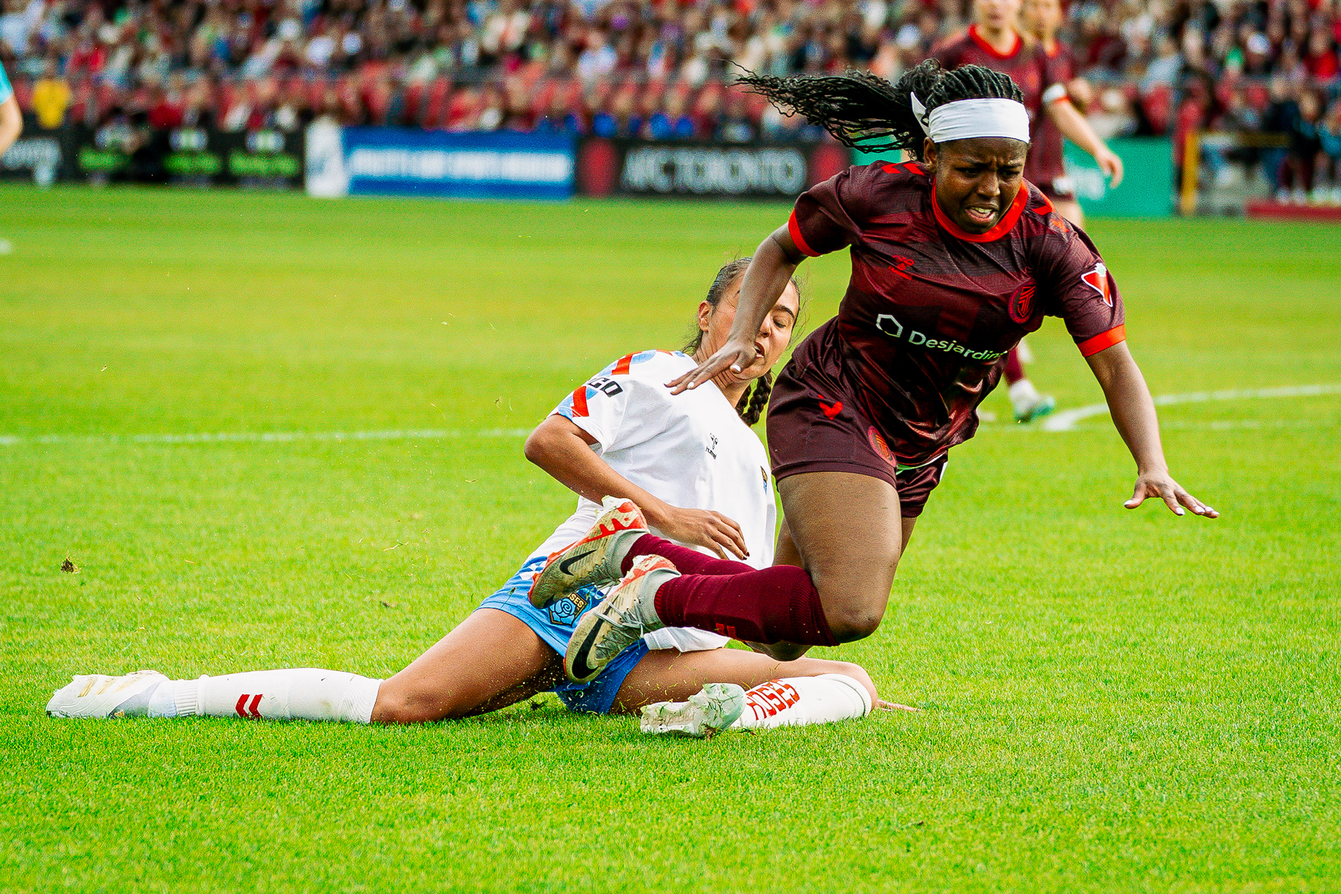 Nikki Small gets tackled at the inaugural game of the Northern Super League