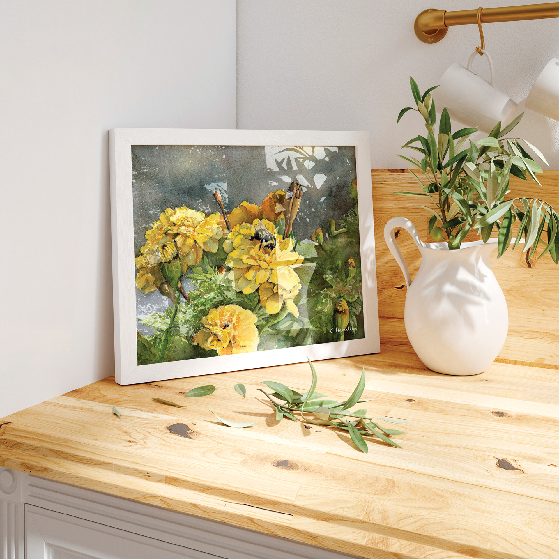 framed watercolor fine art print of marigolds with a bee on one flower