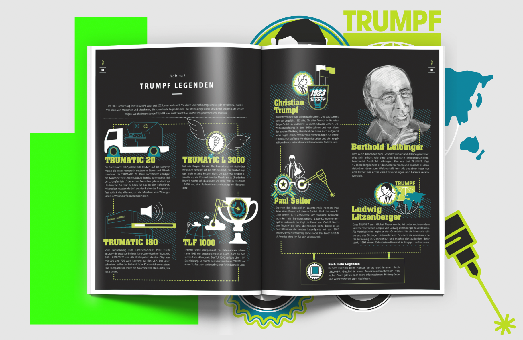Stuttgart Creative Direction Grafik Vera Uchytil Editorial Gestaltung Kundenmagazin Trumpf August Ausgabe 2019 Infografik Infographics grün weiß schwarz Trumpf Legenden