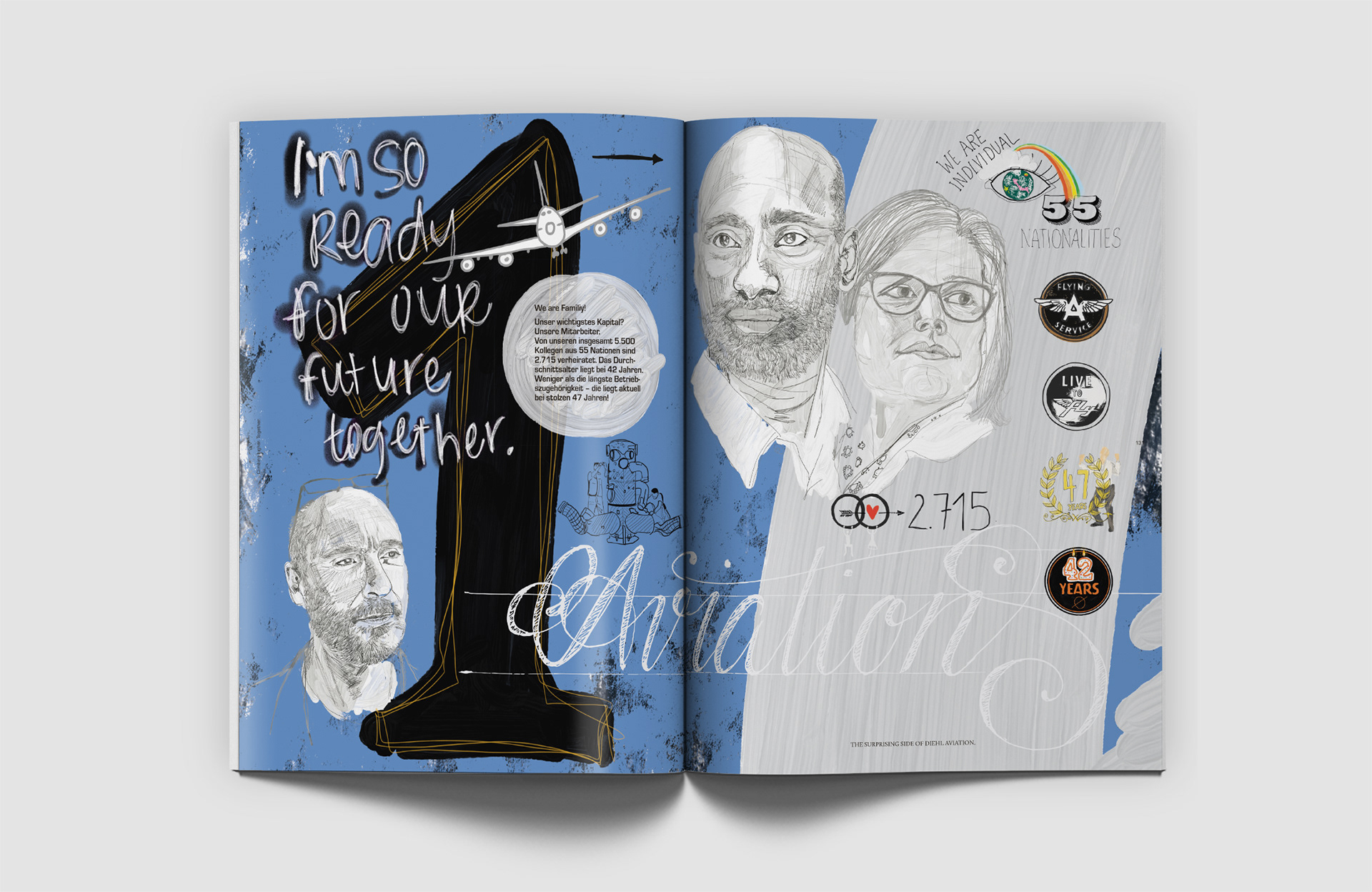 Vera Uchytil Creative Art Direction Grafiker Markenkommunikation Diehl Aviation BCM Award Gold Lederjacke hängt lässig mit Keyvisual Mitarbeiter Doppelseite Infografik Illustrator 2 Portraits köpfe Mitarbeiter auf blau mit verschiedenen Wappen