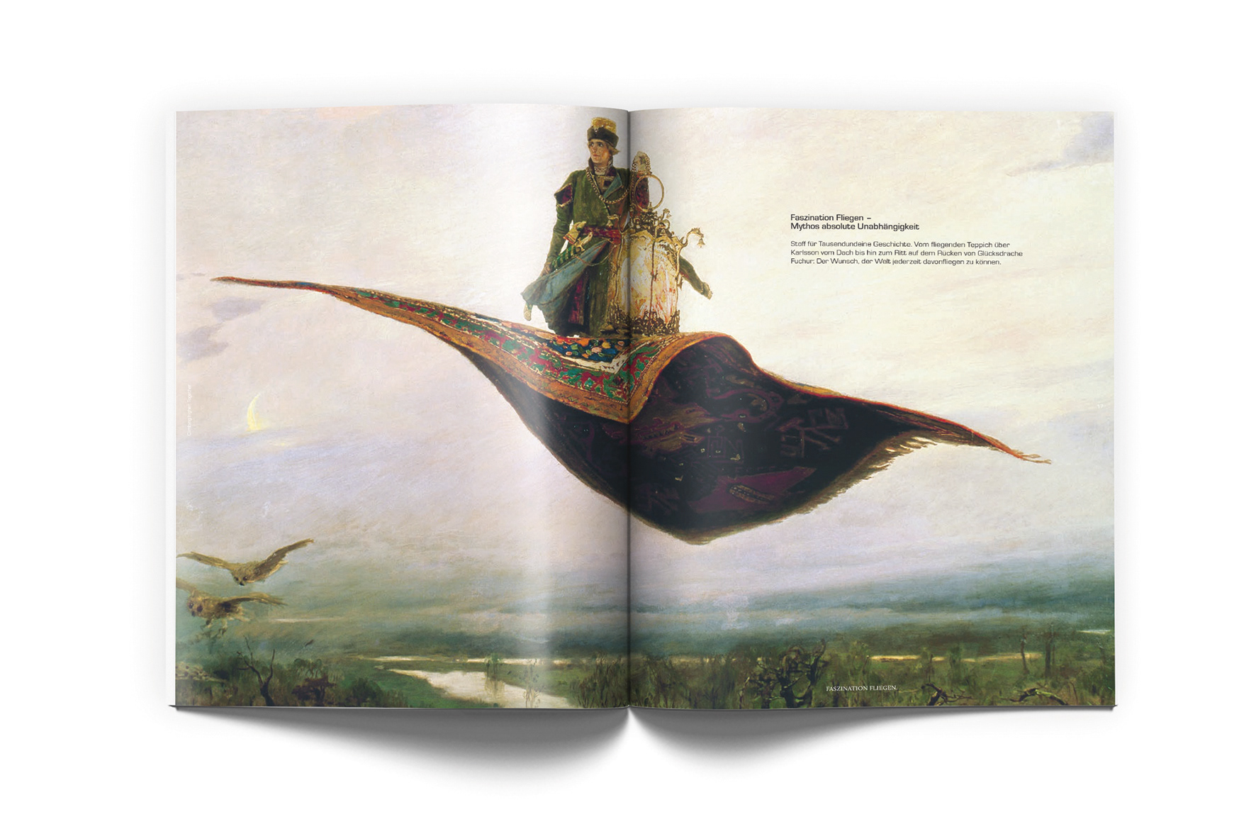 Stuttgart Creative Direction Grafiker Vera Uchytil Gestaltung Editorial Keyvisual zusammen we are one Kundenmagazin Diehl aviation DS icarus Faszination fliegen - Mythos absolute Unabhängigkeit fliegender Teppich