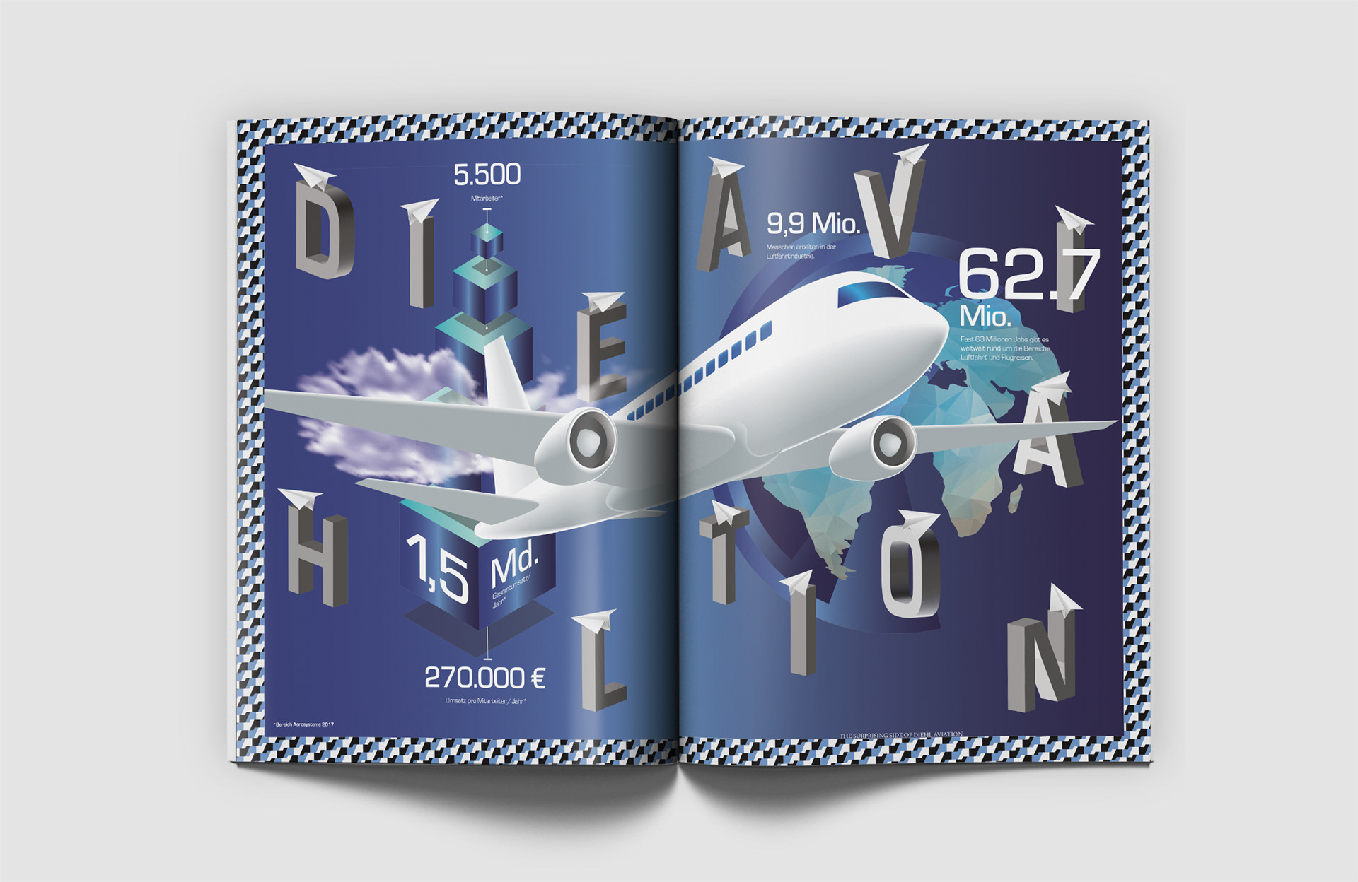 Vera Uchytil Creative Art Direction Grafiker Markenkommunikation Diehl Aviation BCM Award Gold Lederjacke hängt lässig mit Keyvisual Mitarbeiter Doppelseite Infografik Illustrator 2 Flugzeug Data Informationen über das Unternehmen