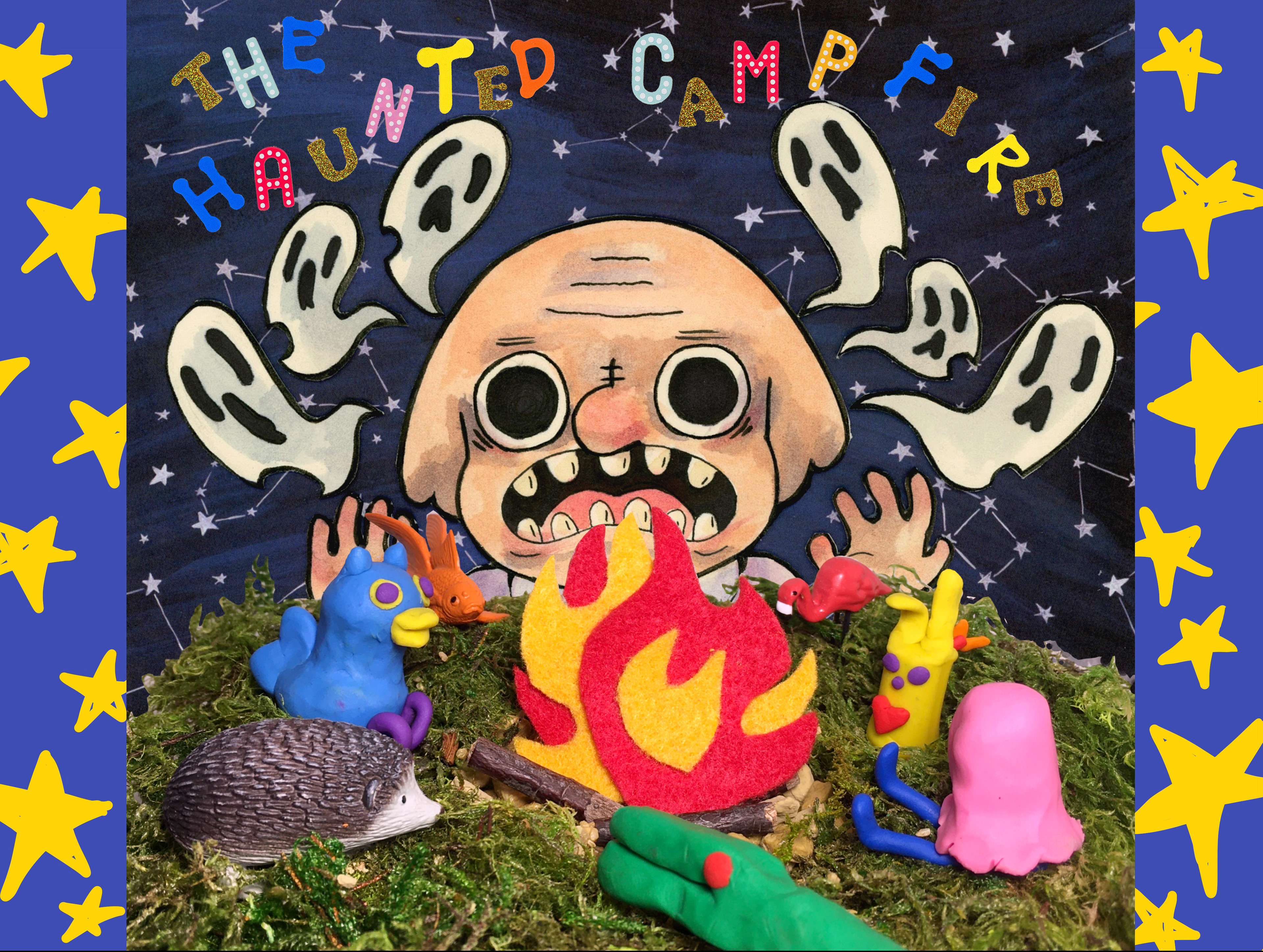 Class assignment on creating a titlecard for Cartoon Network's "Sumer Camp Island", Jan. 2020. Media: ink, watercolor, clay, felt, found materials, digital