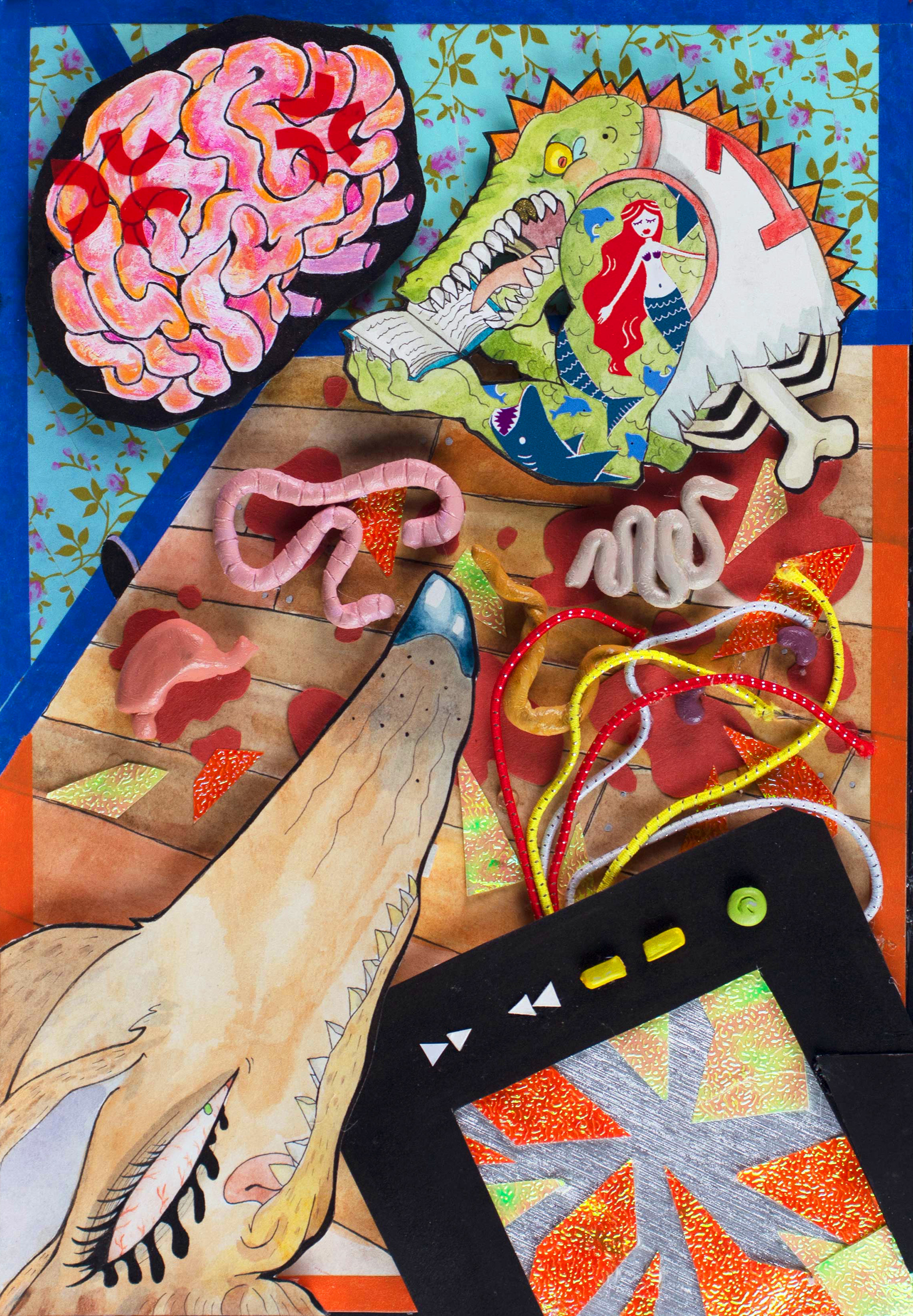 Class assignment on the prompt "marital problems", Sep. 2018. Media: polymer clay, watercolor, washi tape, craft paper, found materials, colored pencil, ink
