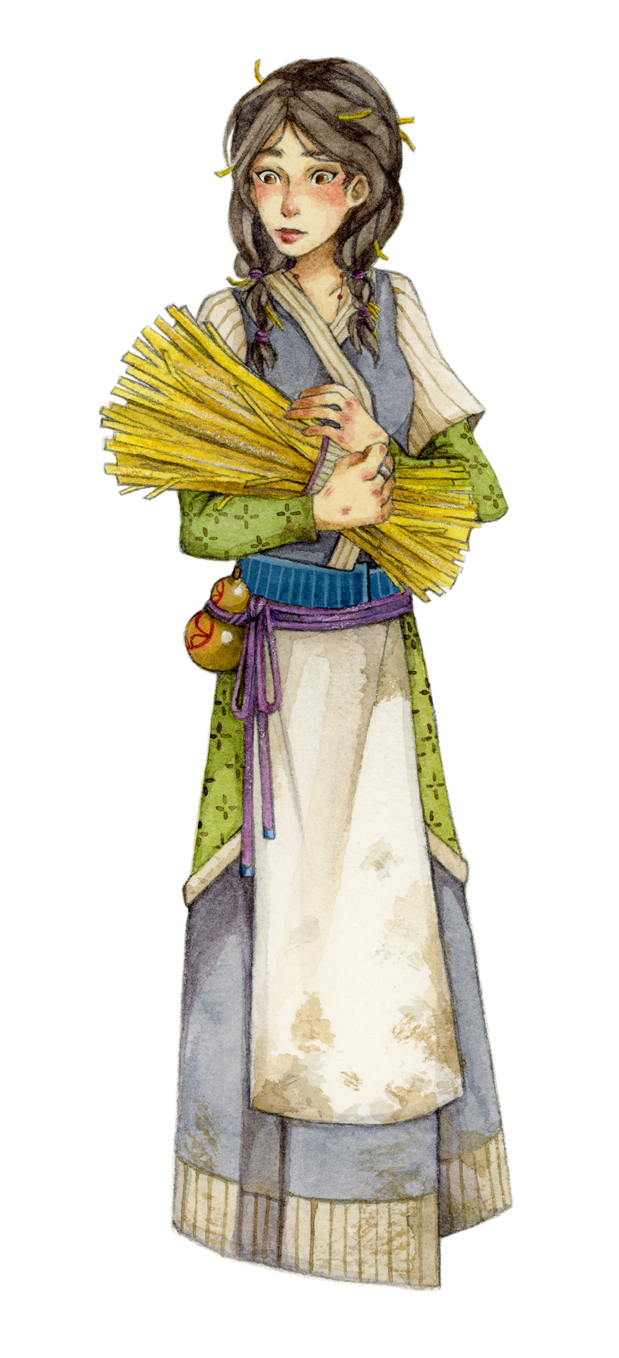 Class assignment on reinterpreting fairytales: "Rumpelstiltsken", Dec. 2021. Media: watercolor, graphite, gouache, colored pencil