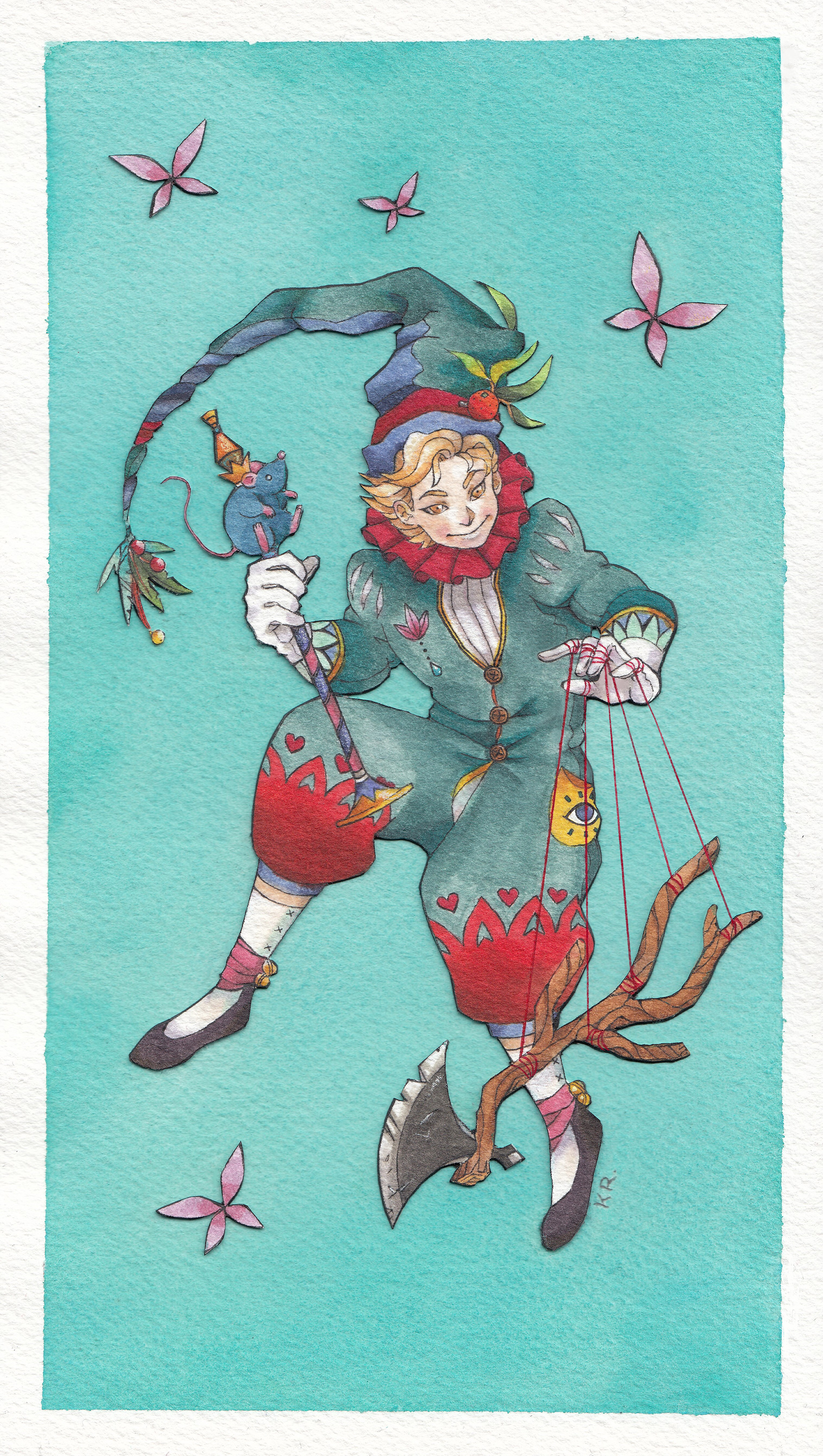 Interpretation of "The Fool" from Robin Hobb's "Realm of the Elderlings" book series, Mar. 2019. Media: ink, watercolor