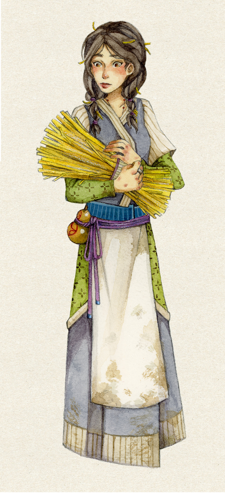 Class assignment on reinterpreting fairytales: "Rumpelstiltsken", Dec. 2021. Media: watercolor, graphite, gouache, colored pencil