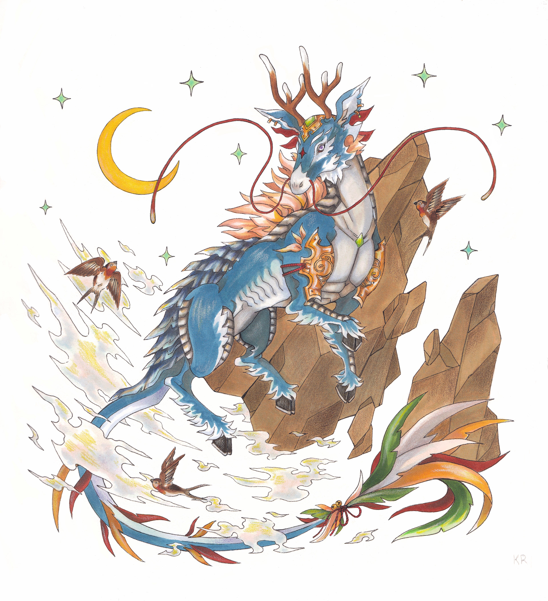 Class assignment on cultural folklore: "Qilin", Dec. 2019. Media: ink, colored pencil