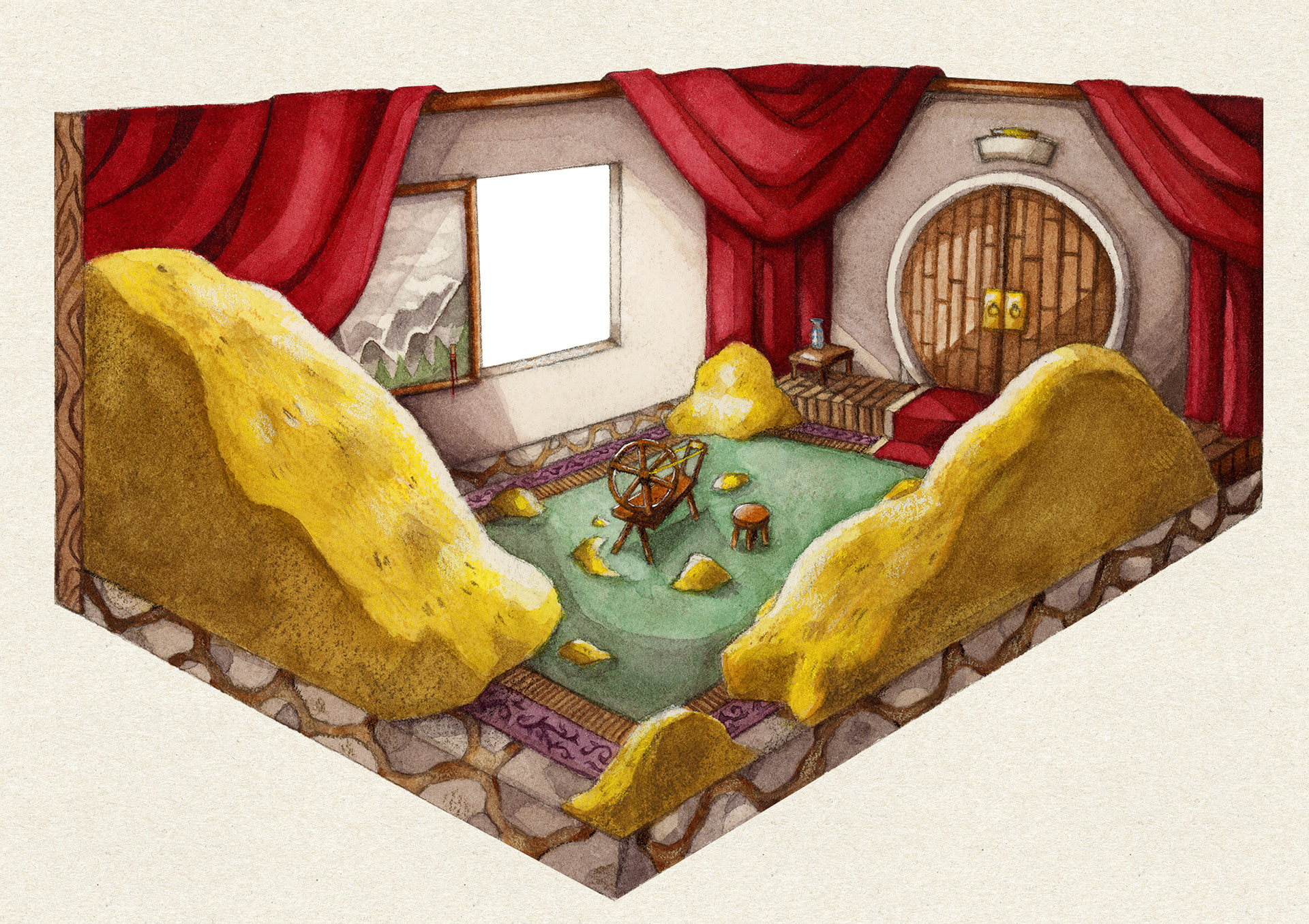 Class assignment on reinterpreting fairytales: "Rumpelstiltsken", Dec. 2021. Media: watercolor, graphite, colored pencil