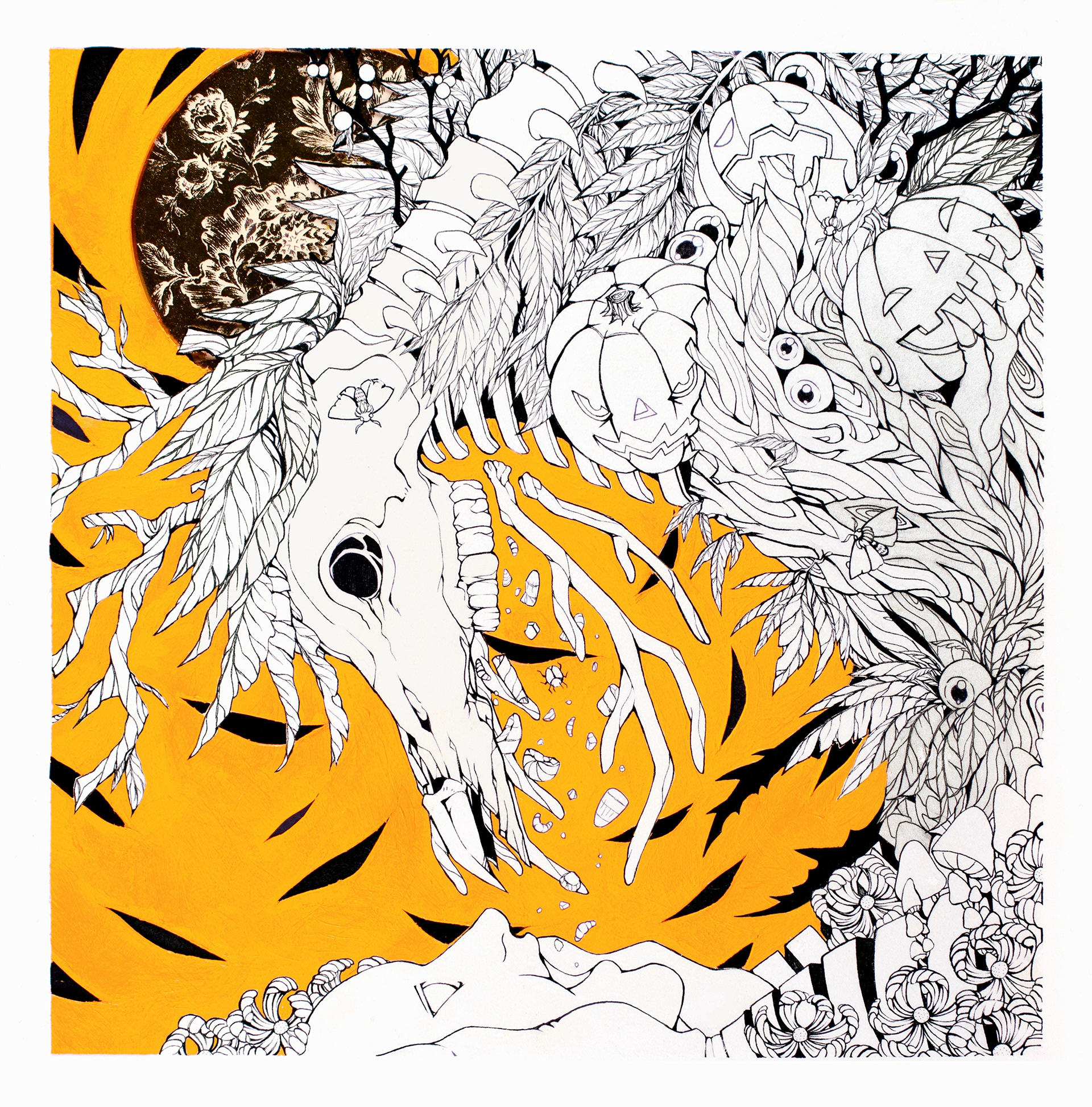 Class assignment on the prompt word "Fall", Sep. 2018. Media: ink, acrylic, found paper