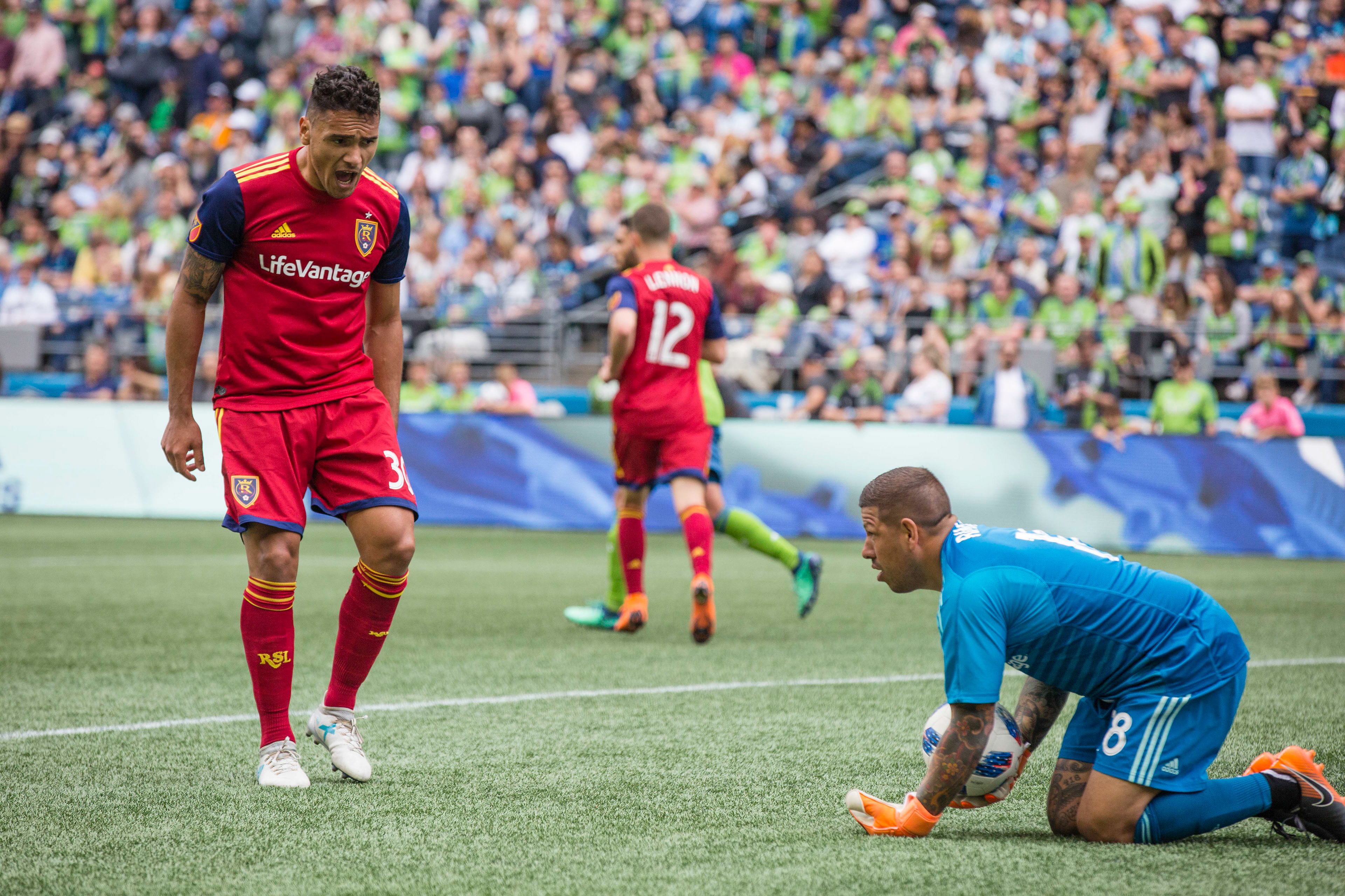 Real Salt Lake defender Marcelo Silva praises goalkeeper Nick Rimando at Century Link Field on May 26, 2018. Salt Lake City shutout Seattle 1-0.