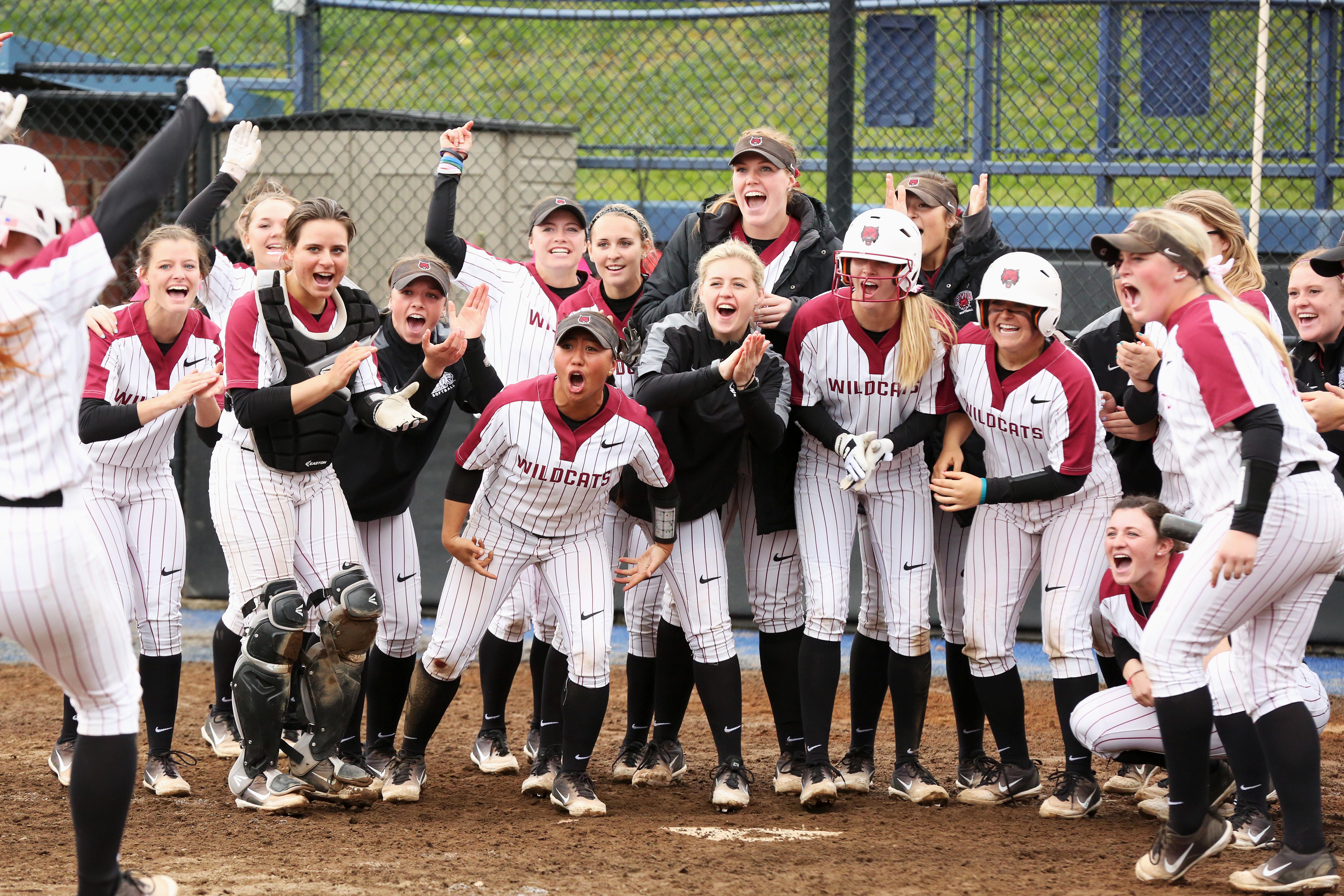 Central Washington University softball celebrates a two-run homerun by freshman infielder Alycia Bannan at Western Washington University on Apr. 6, 2018. The Wildcats defeated the Vikings 5-3.