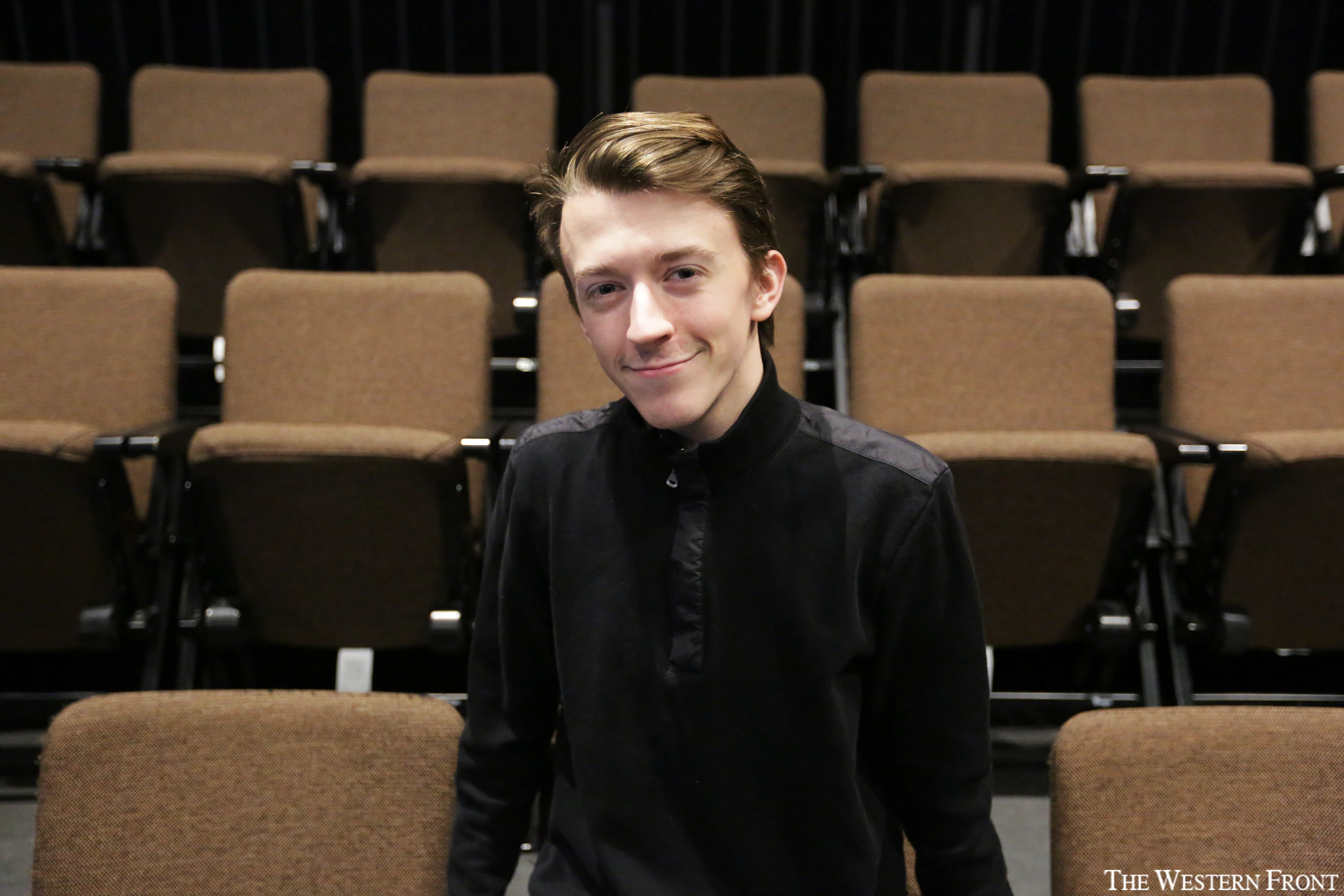 Zacharee Simms poses for a portrait during play rehearsal. Simms directed the play, ‘Speech and Debate’ by Stephen Karam, which is about three high school students and their involvement in a sex scandal with the school’s theater teacher.