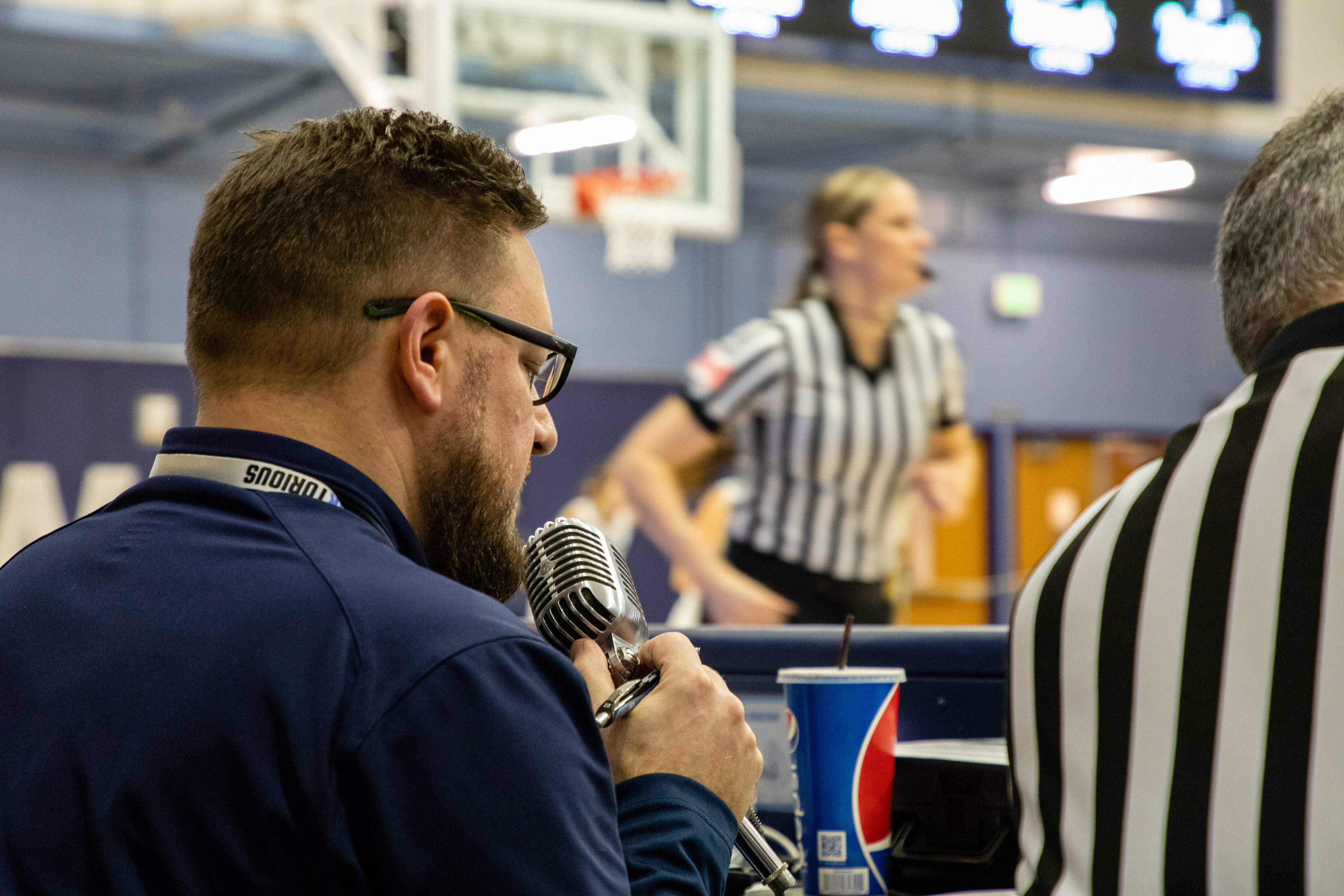 Kevin Johnson announces during the Western Washington University women’s basketball game in Bellingham, Wash. on Feb. 15, 2018. Johnson has announced for just about every sport.