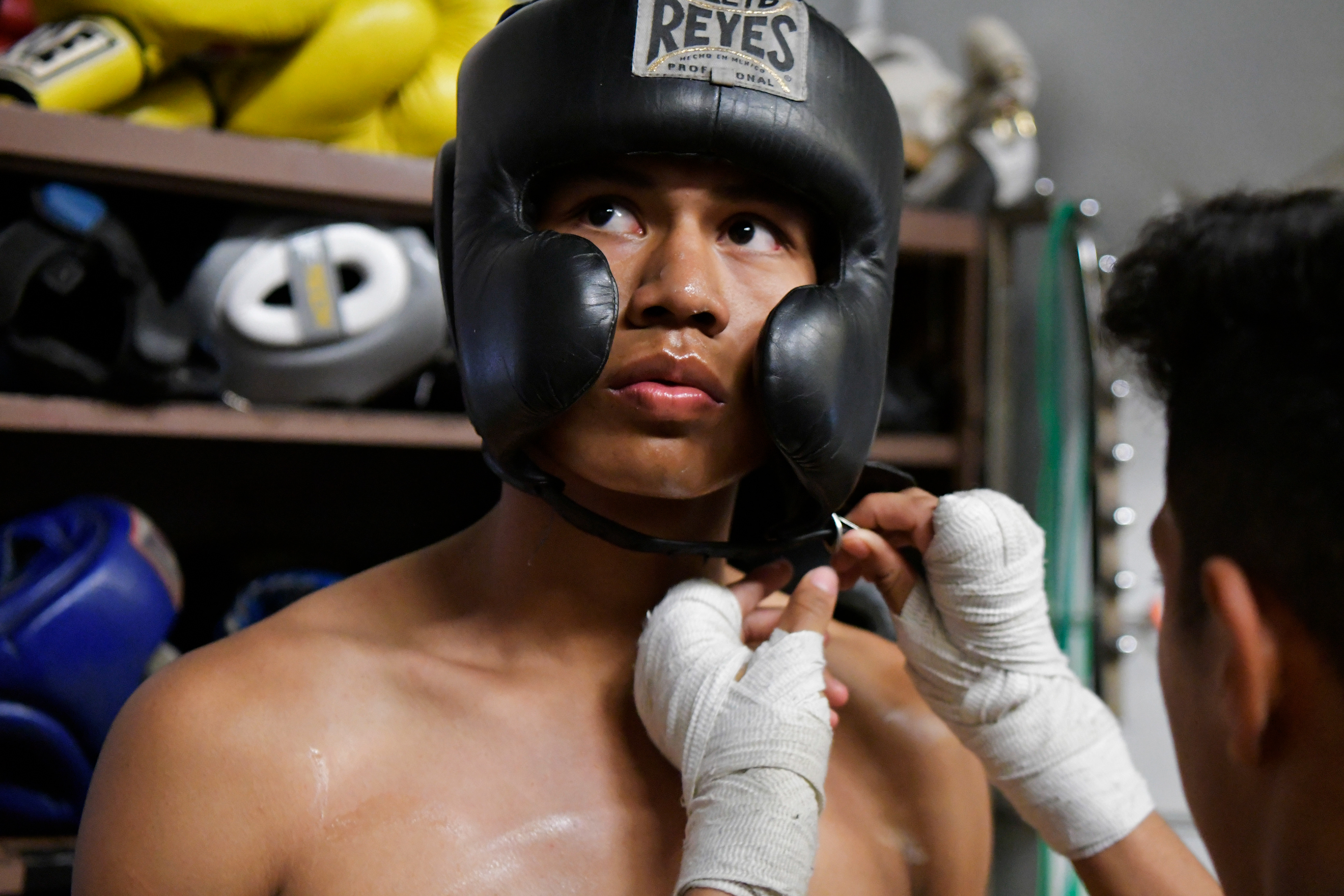 George Rico prepares for sparring practice at La Habra Boxing Club on Apr. 26, 2018.