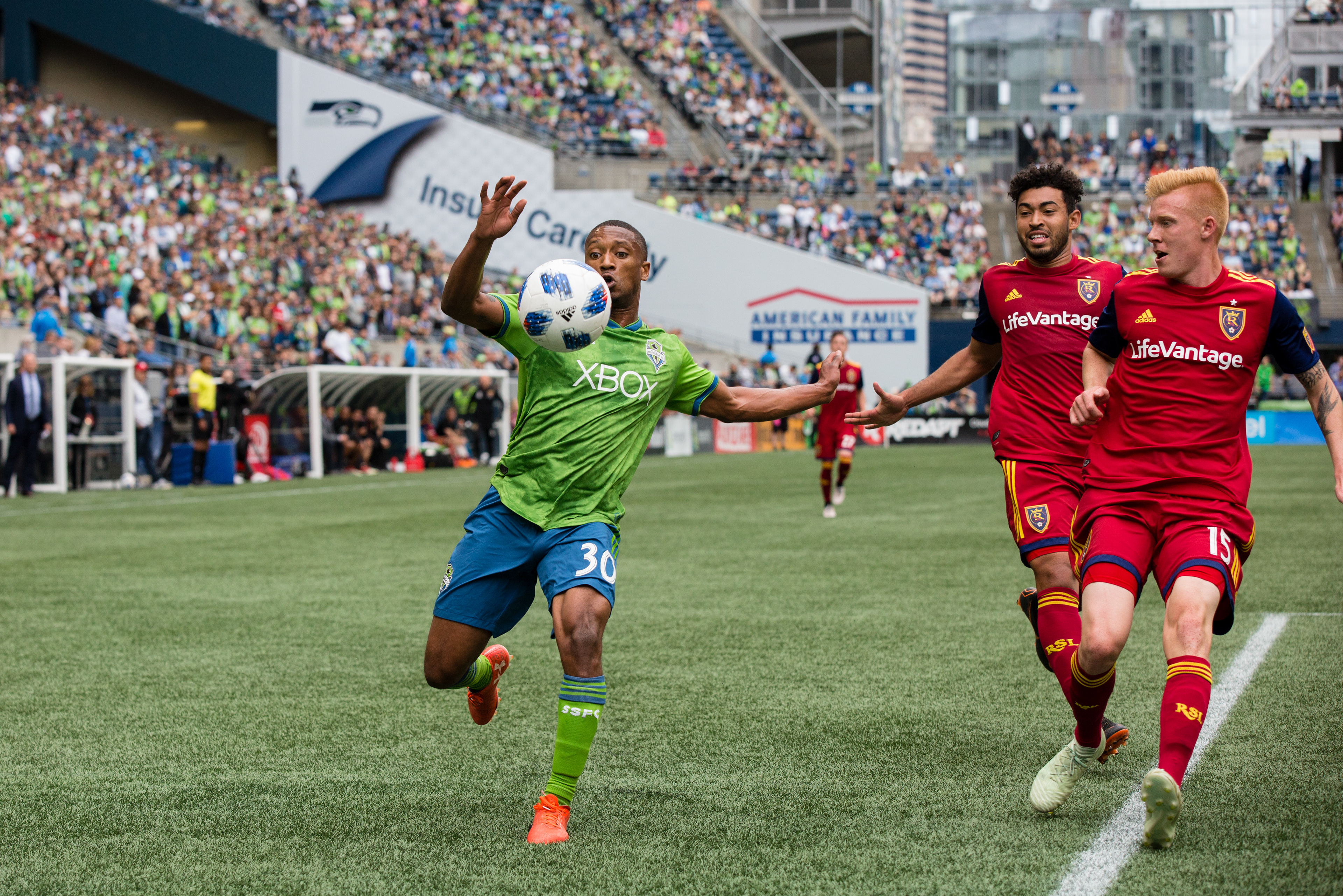 Sounders defender Jordan McCrary contests for the ball against Real Salt Lake at Century Link Field on May 26, 2018. Salt Lake City shut out Seattle 1-0.