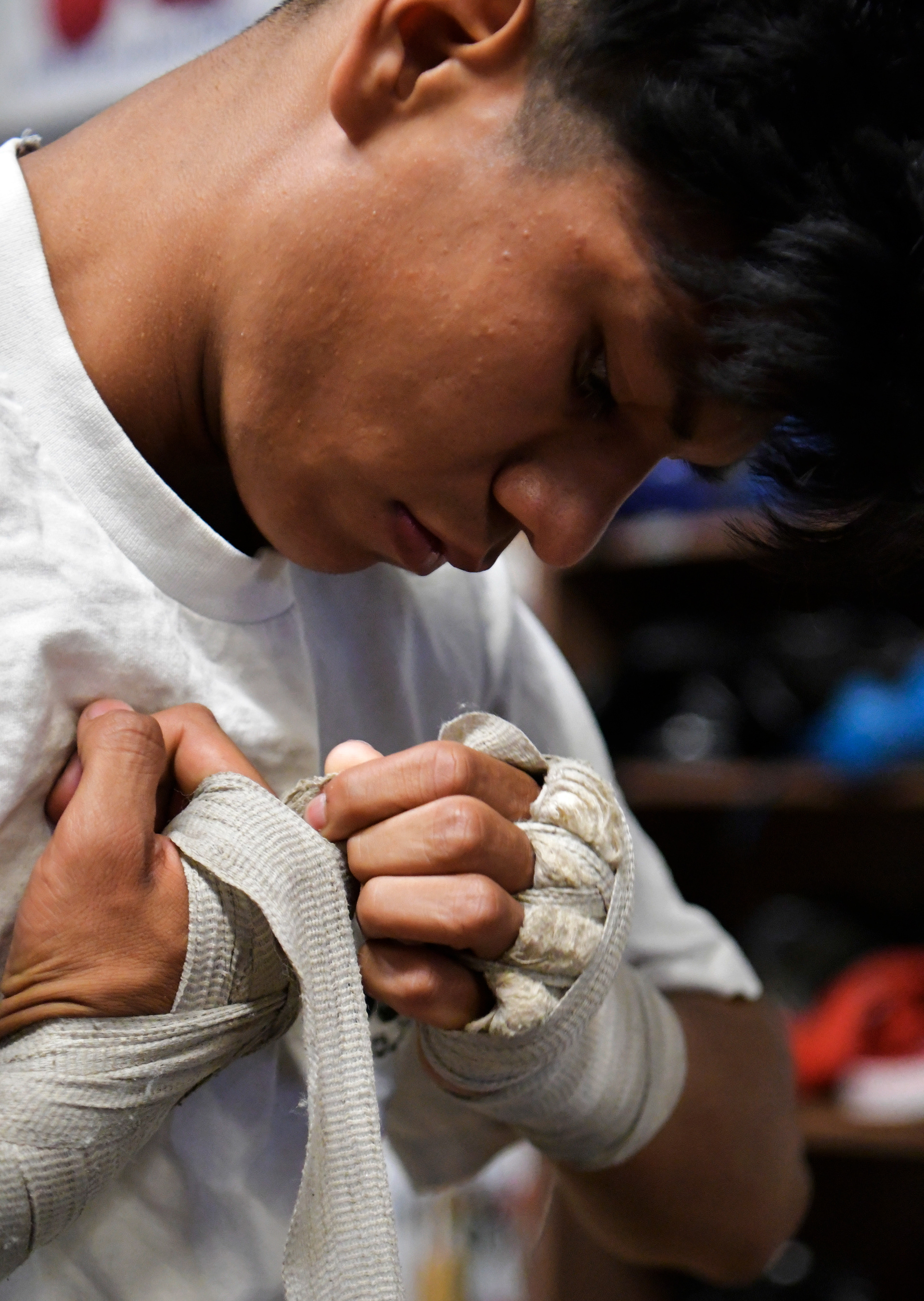 George Rico prepares for sparring practice at La Habra Boxing Club on Apr. 26, 2018.