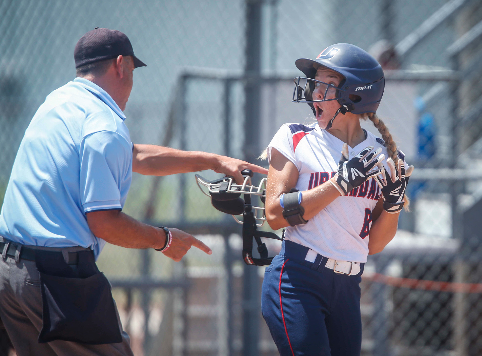 Urbandale junior Skyler Shellmyer reacts after the home plate umpire called her out at home after appearing to slide safely across the plate in a 2-1 loss to Pleasant Valley during the 2017 Iowa high school state softball tournament on Thursday, July 20, in Fort Dodge.