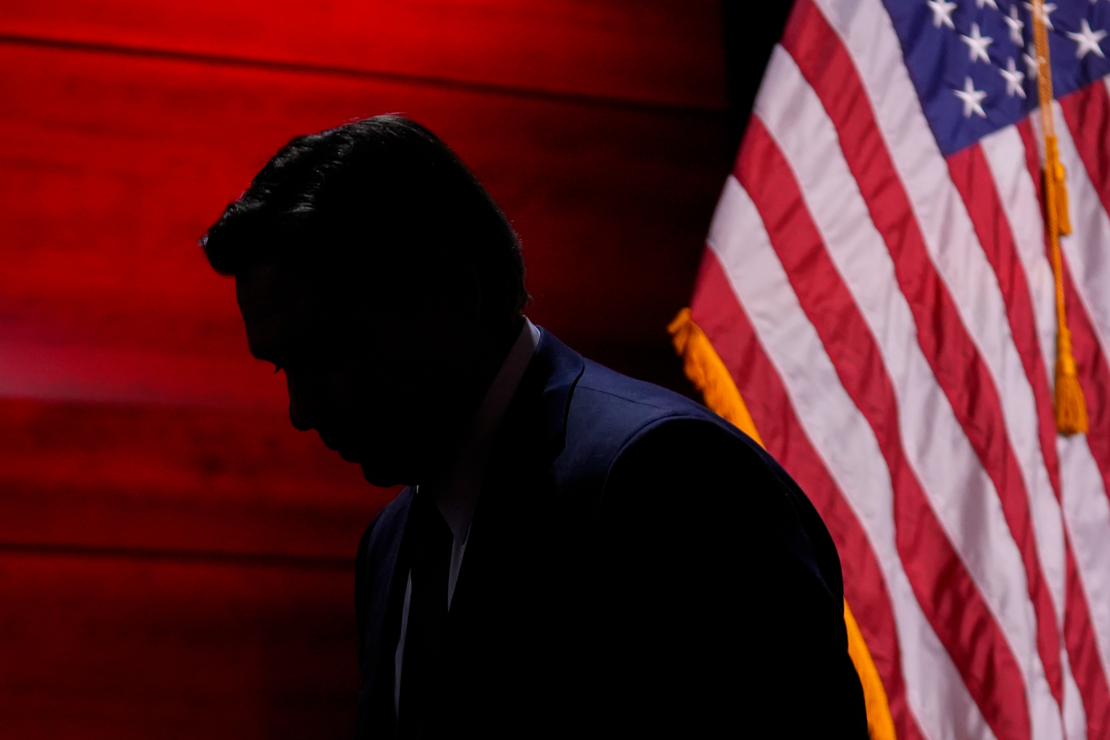 Republican presidential candidate Florida Gov. Ron DeSantis exits the stage after speaking at the Faith & Freedom annual banquet on Saturday, Sept. 16, 2023, in Des Moines, Iowa. (AP Photo/Bryon Houlgrave)