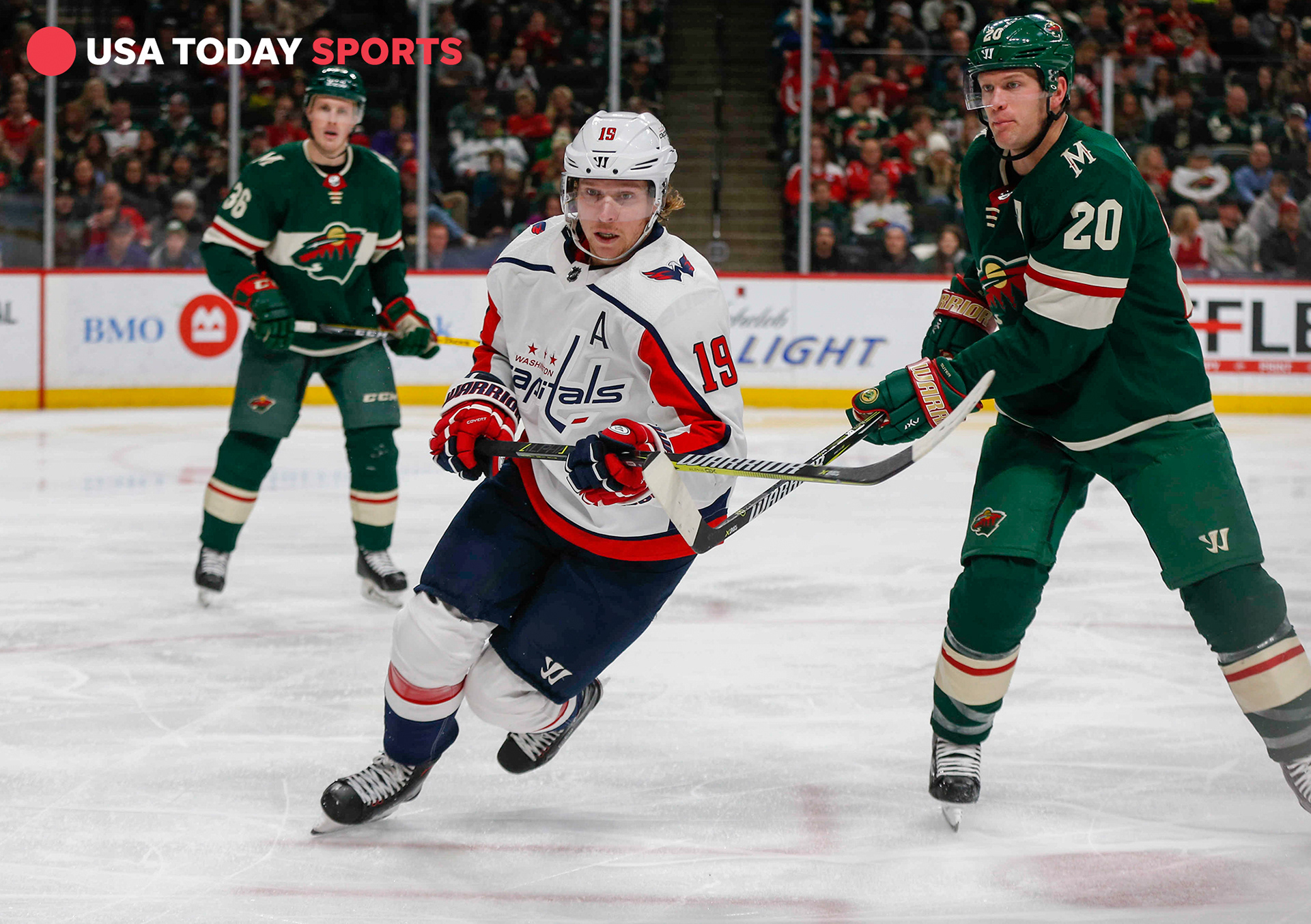 Washington Capitals center Nicklas Backstrom (19) gets around Minnesota defenseman Ryan Suter on Thursday, Feb. 15, 2018, in St. Paul, Minn. Backstrom's father, Anders, watched the game with other players' fathers during the 2018 Mentors' Trip.