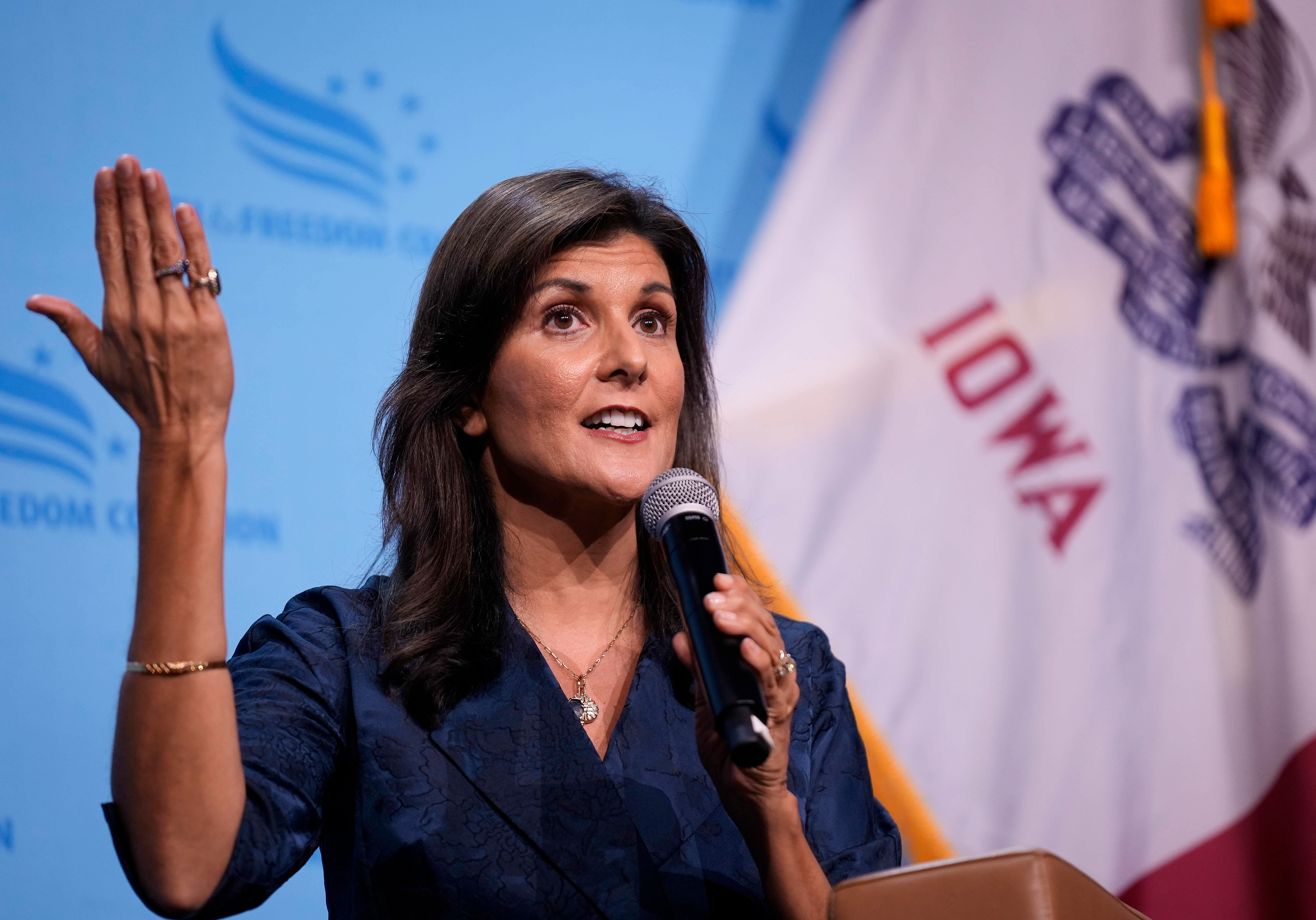 Republican presidential candidate former U.N. Ambassador Nikki Haley speaks at the Iowa Faith & Freedom Coalition’s fall banquet, Saturday, Sept. 16, 2023, in Des Moines, Iowa. (AP Photo/Bryon Houlgrave)