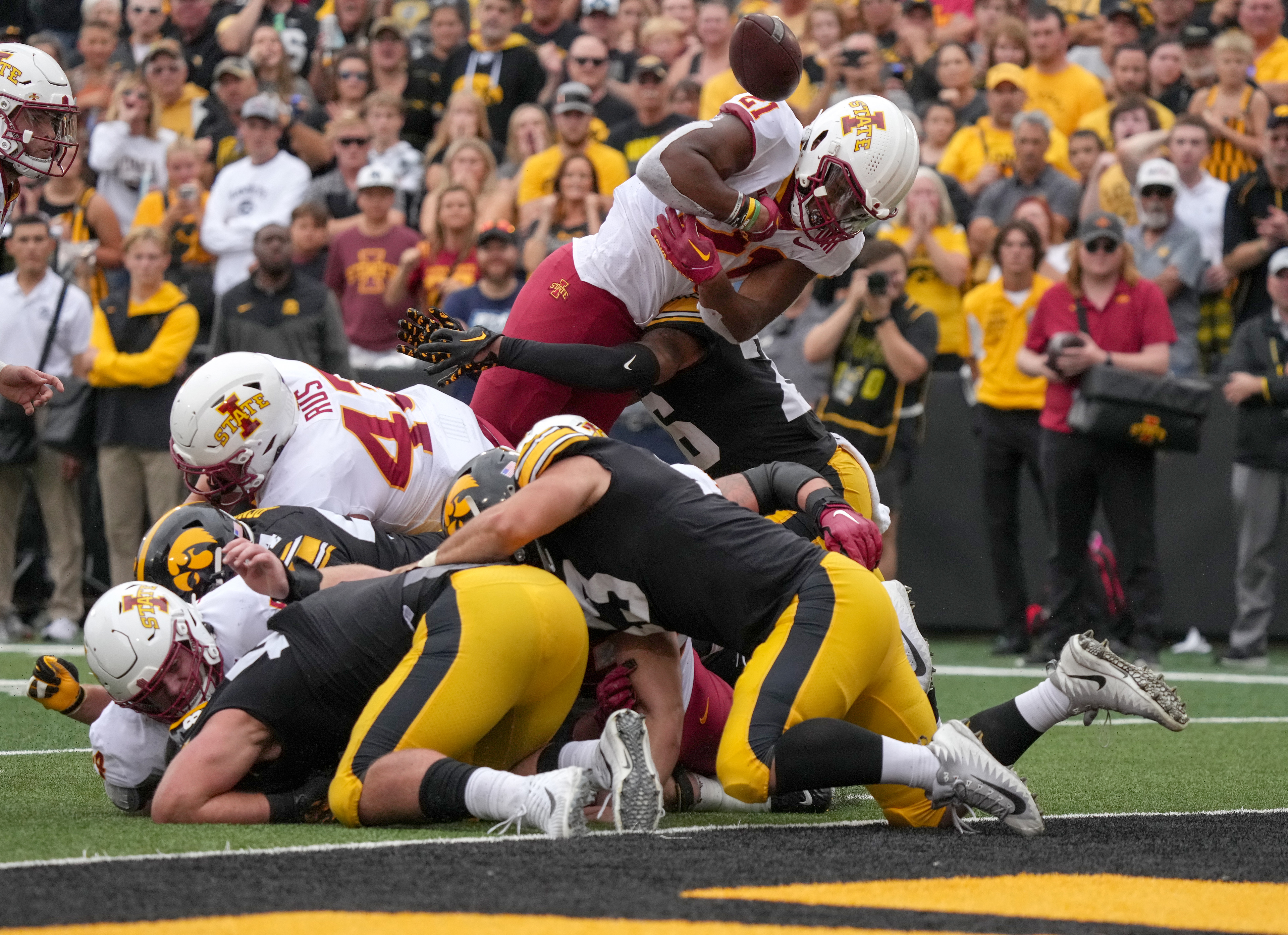 Iowa State junior running back Jirehl Brock fumbles the ball while jumping into the end zone against Iowa during the Cy-Hawk Series football game on Saturday, Sept. 10, 2022, at Kinnick Stadium in Iowa City.