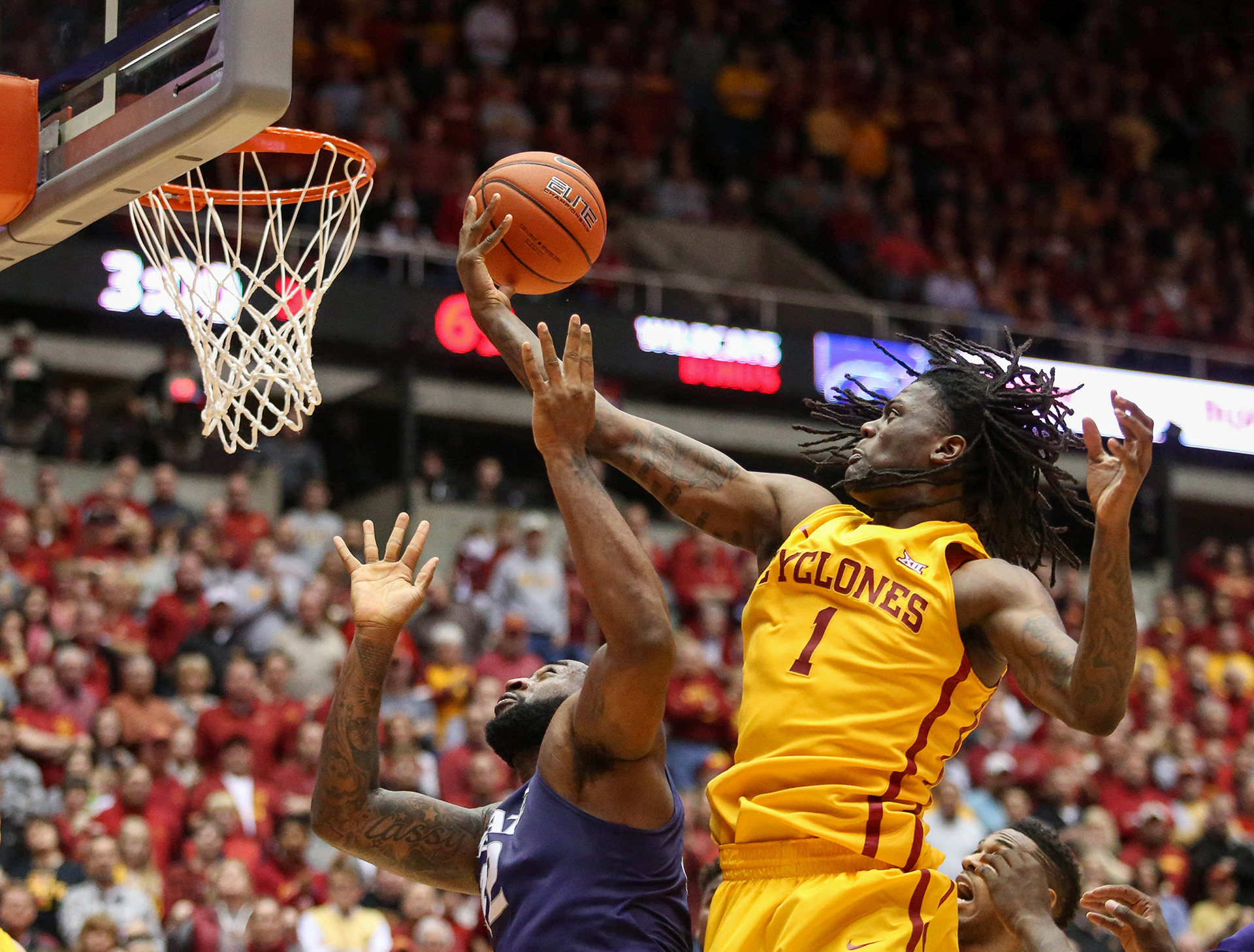 Iowa State's Jameel McKay runs a layup to the hoop against Kansas State on Tuesday, Jan. 20, 2015, at Hilton Coliseum in Ames, Iowa.