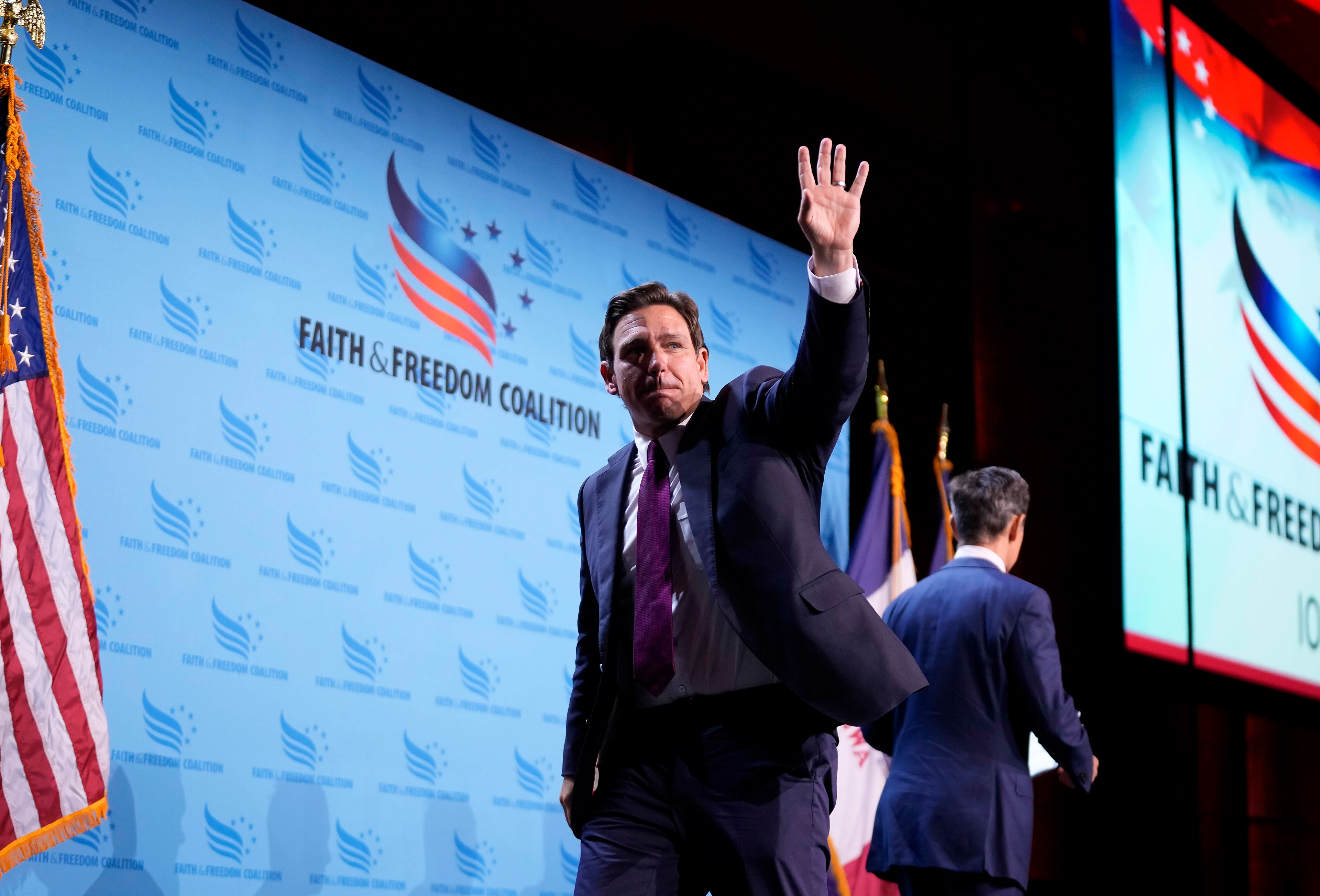 Republican presidential candidate Florida Gov. Ron DeSantis speaks at the Iowa Faith & Freedom Coalition’s fall banquet, Saturday, Sept. 16, 2023, in Des Moines, Iowa. (AP Photo/Bryon Houlgrave)