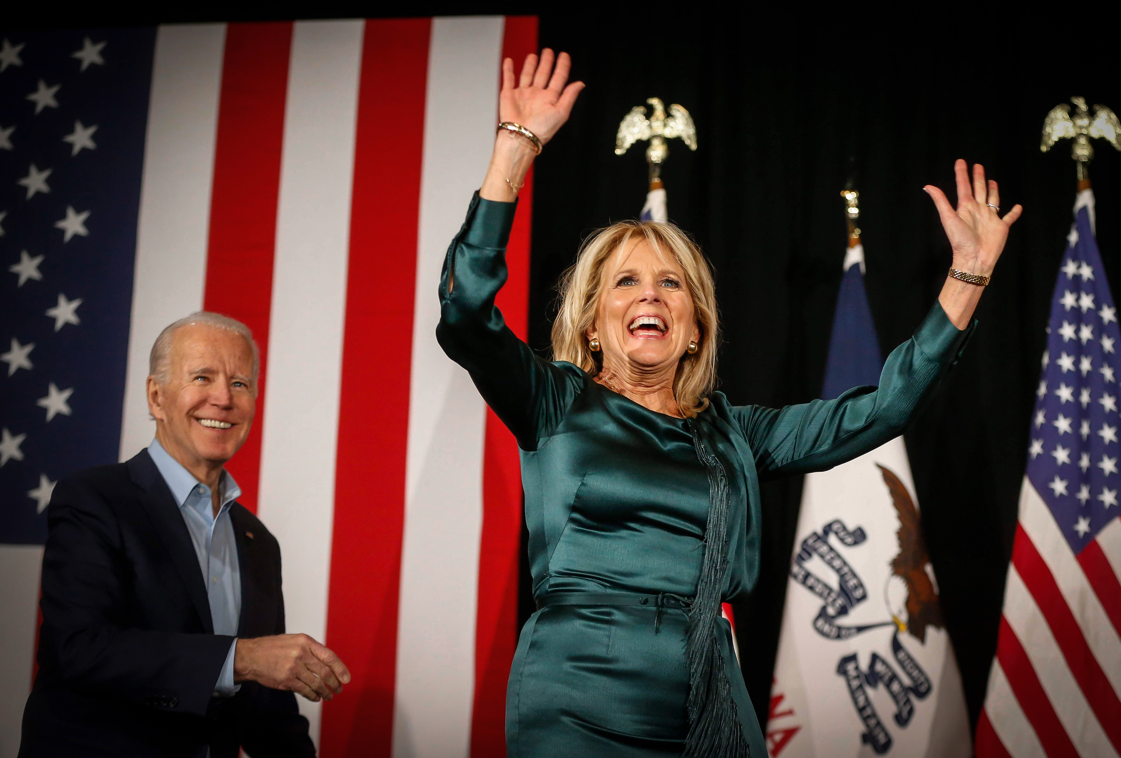Dr. Jill Biden and her husband, Vice President Joe Biden, are introduced following the Iowa Caucus at the Olmstead Building at Drake University in Des Moines on Monday, Feb. 3, 2020.