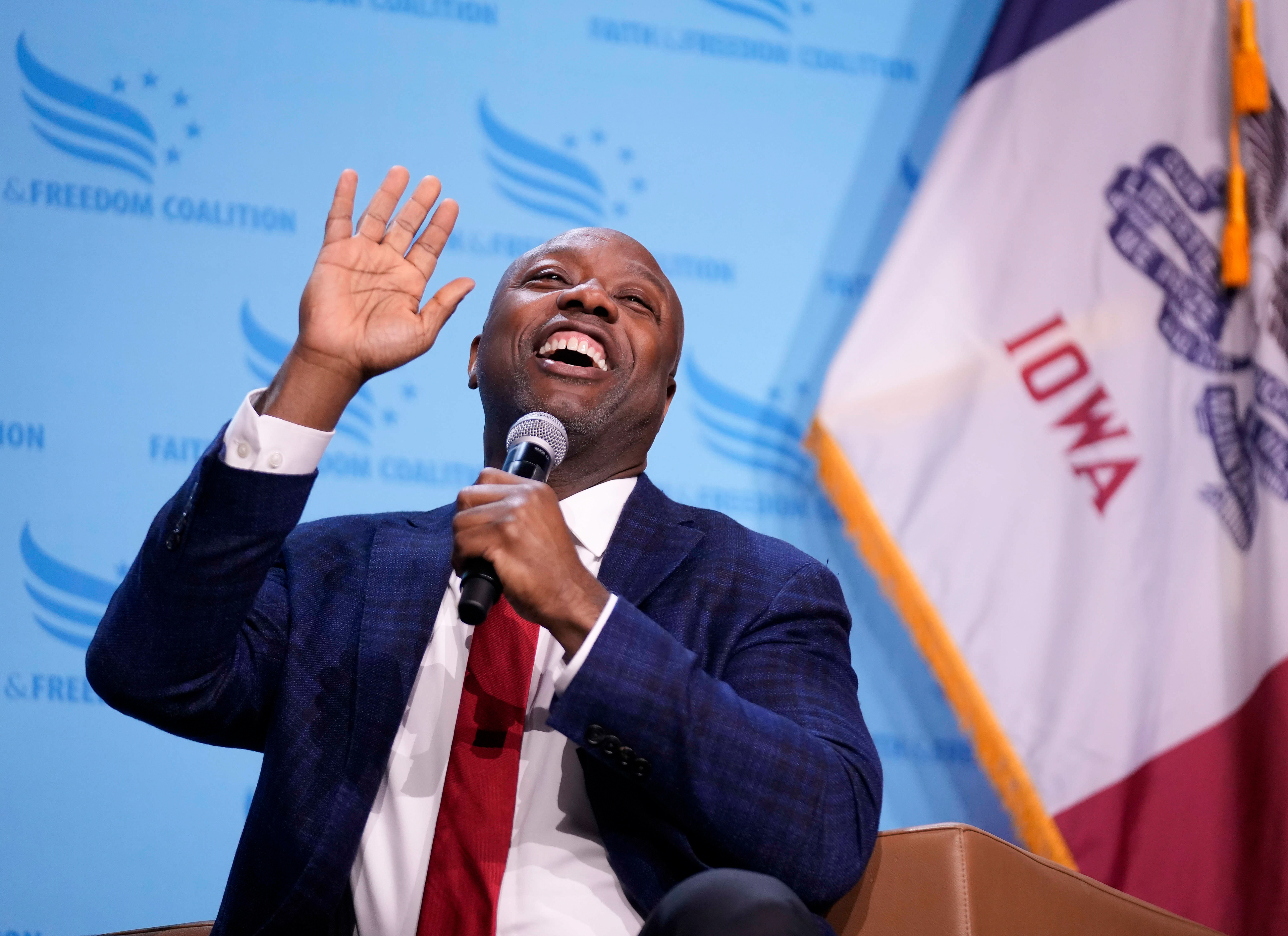 Republican presidential candidate Sen. Tim Scott, R-S.C. speaks at the Iowa Faith & Freedom Coalition’s fall banquet, Saturday, Sept. 16, 2023, in Des Moines, Iowa. (AP Photo/Bryon Houlgrave)