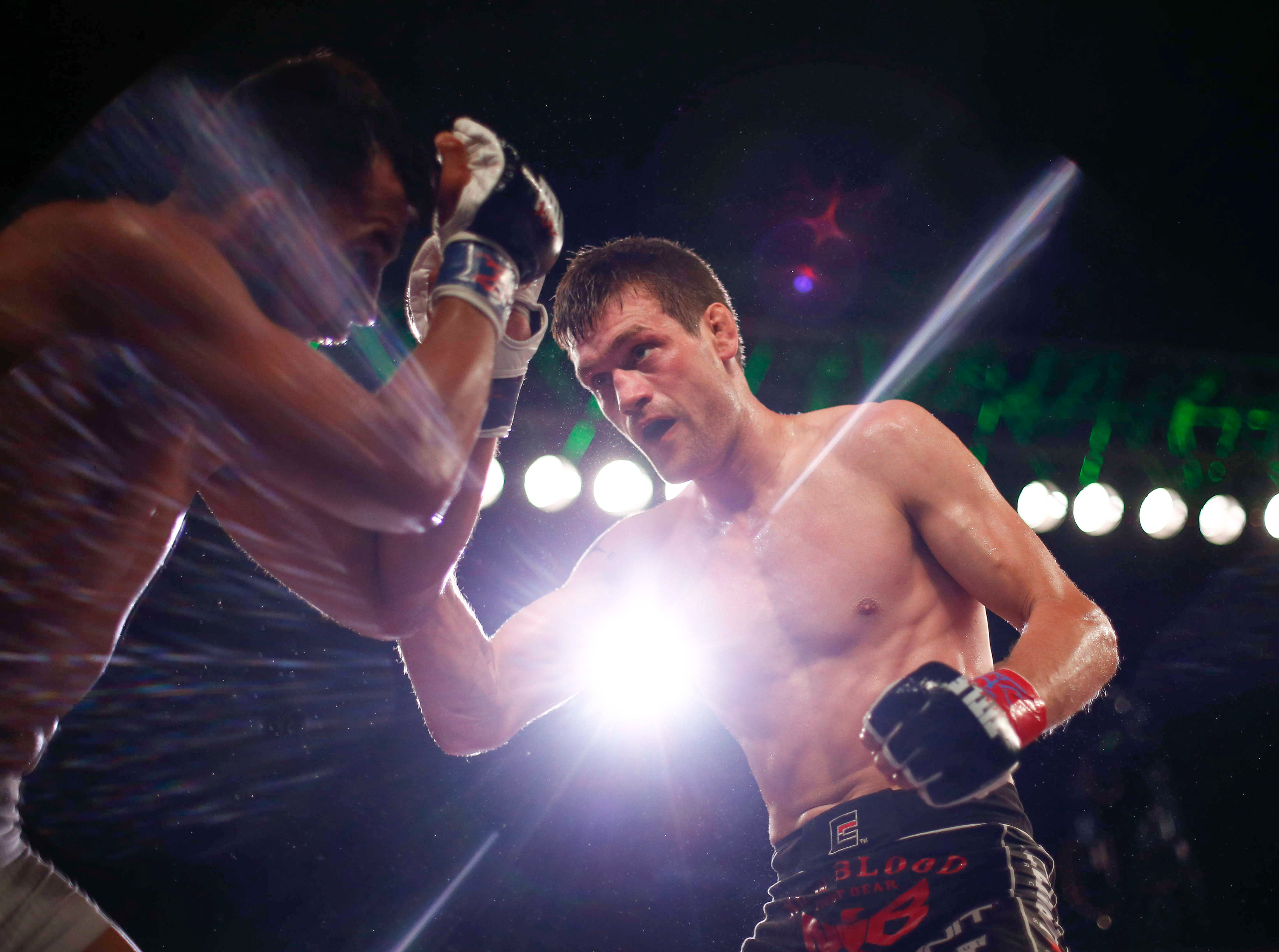 Marshalltown native Rick Glenn looks for an opening against Ramiro Hernandez in their match during VFC 51 at Buccaneer Arena on Friday, June 24, 2016. Glenn, who now lives in Milwaukee, Wisc., won the fight by split-decision.