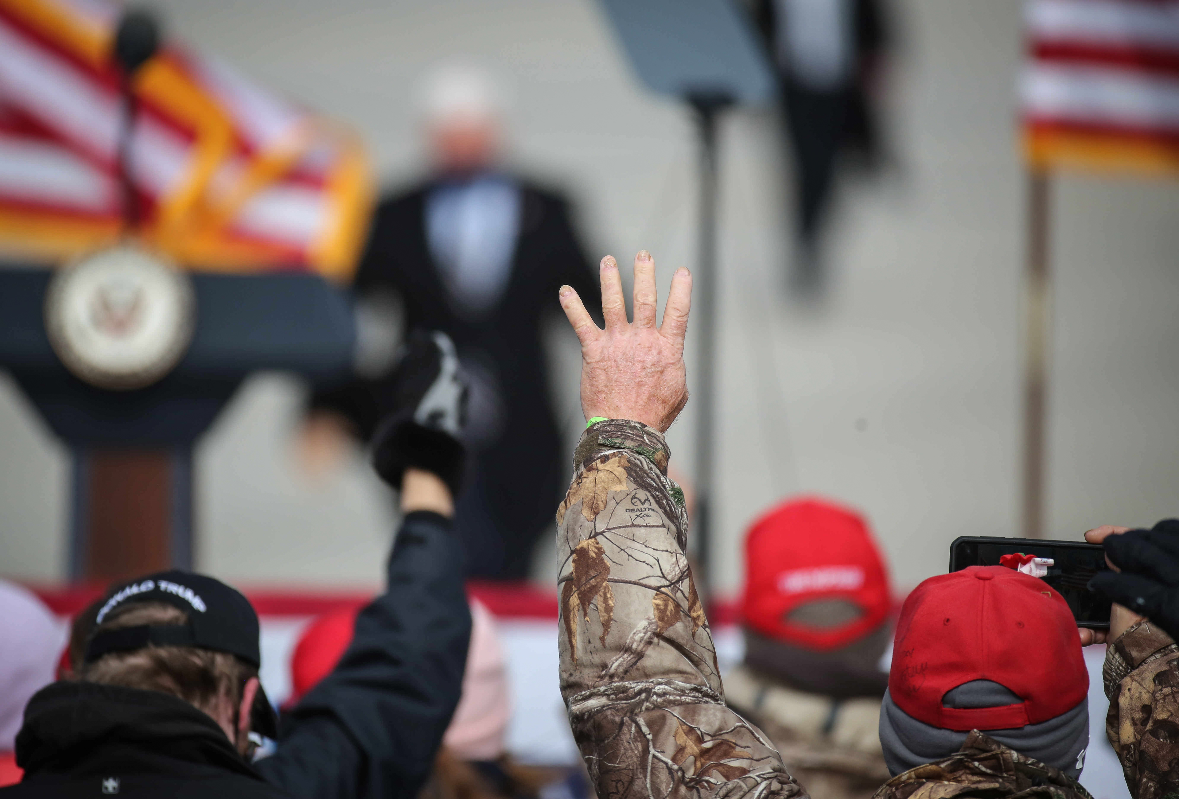 Vice President Mike Pence spoke to supporters at the Des Moines International Airport in Des Moines on Thursday, Oct. 29, 2020.